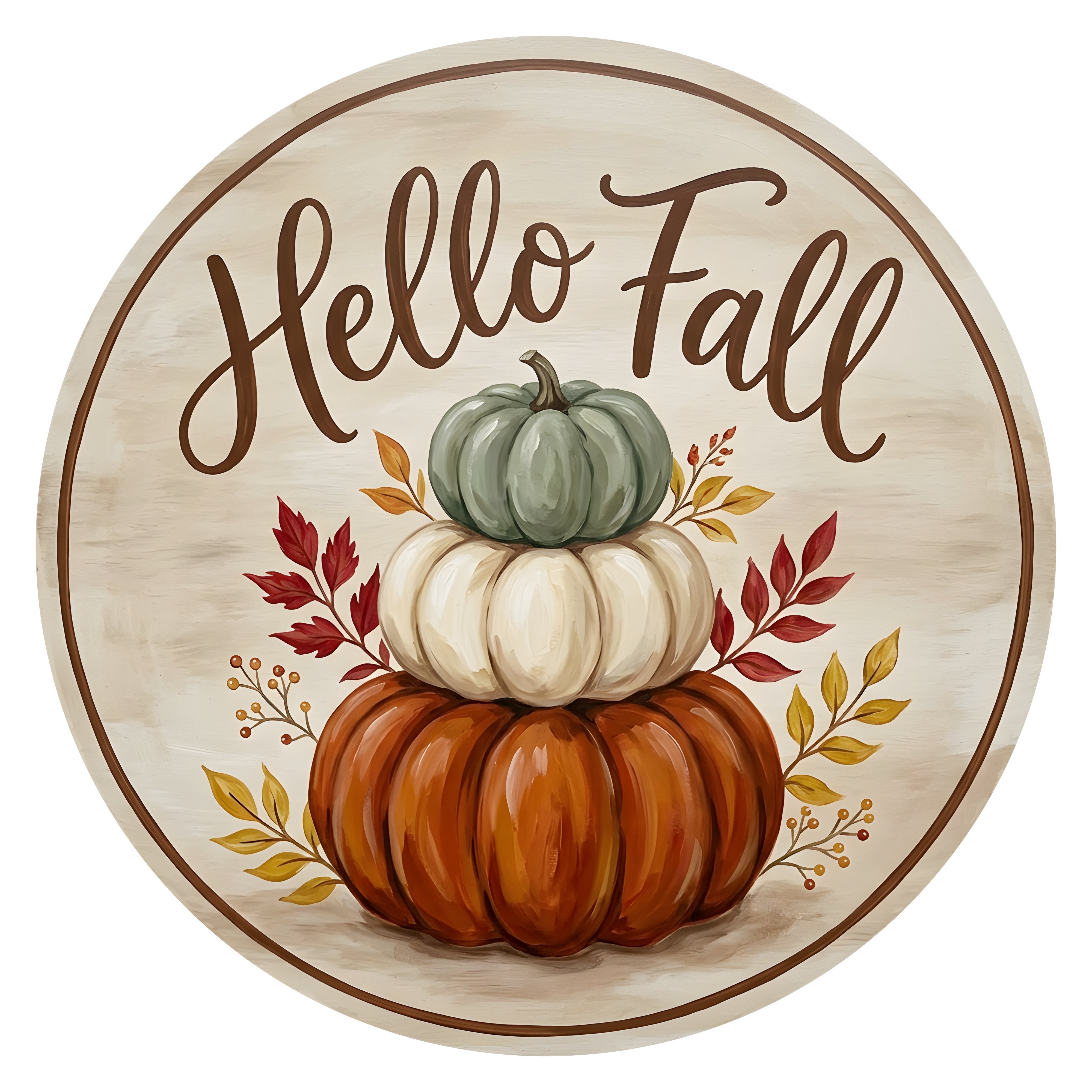 10.5" Round Waterproof Sign: Hello Fall Stacked Pumpkins Item Number: CD1413NH-105