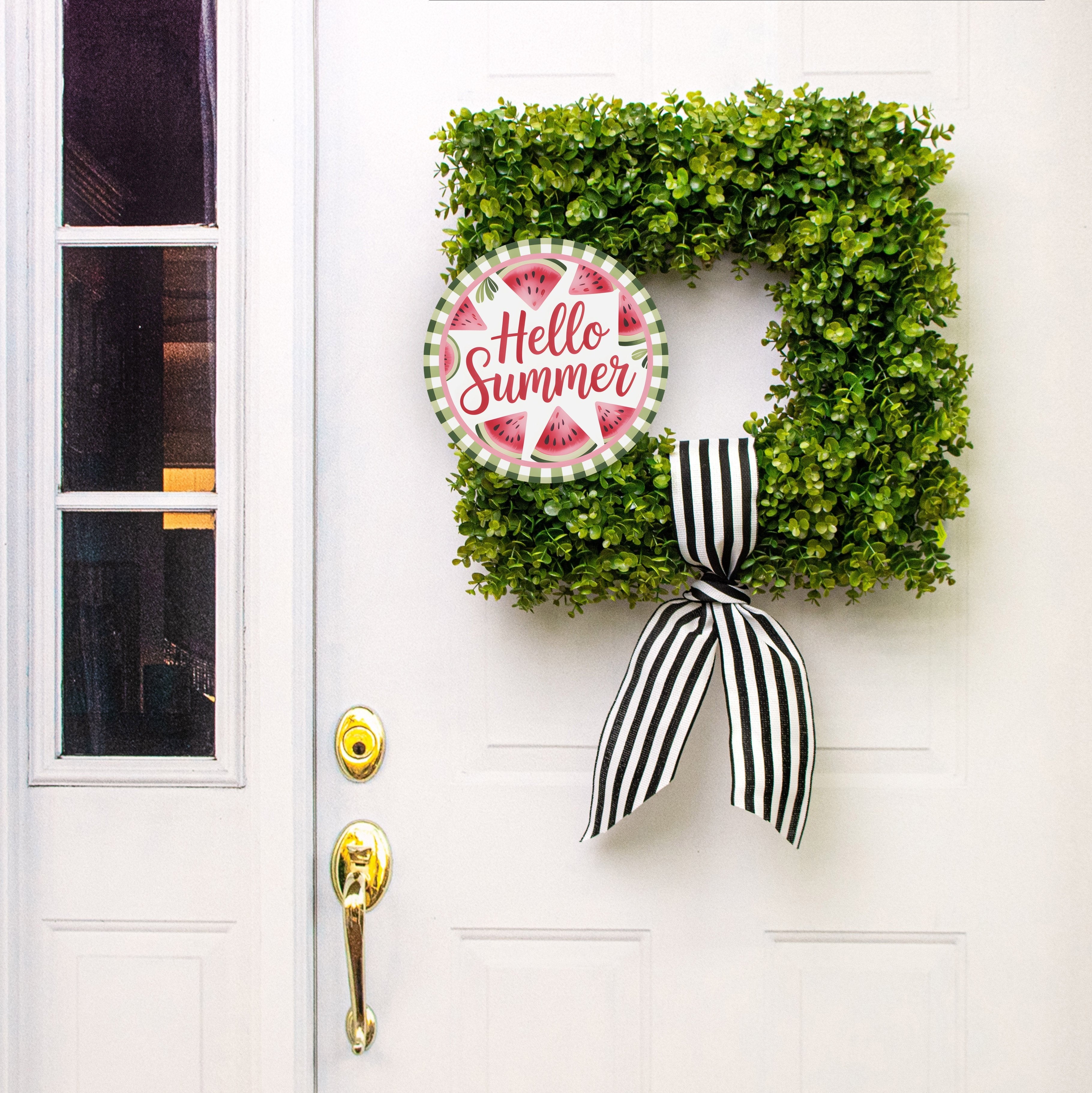 10.5" Round Waterproof Sign: Hello Summer Pink Watermelon Slices Lifestyle Photo