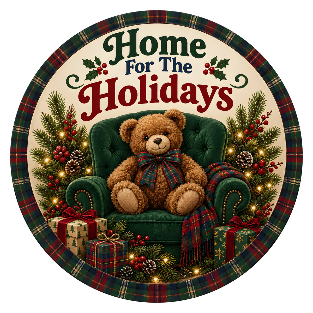 10.5" Round Waterproof Sign: Home for the Holidays Teddy Bear Item Number: CD1501NH-105