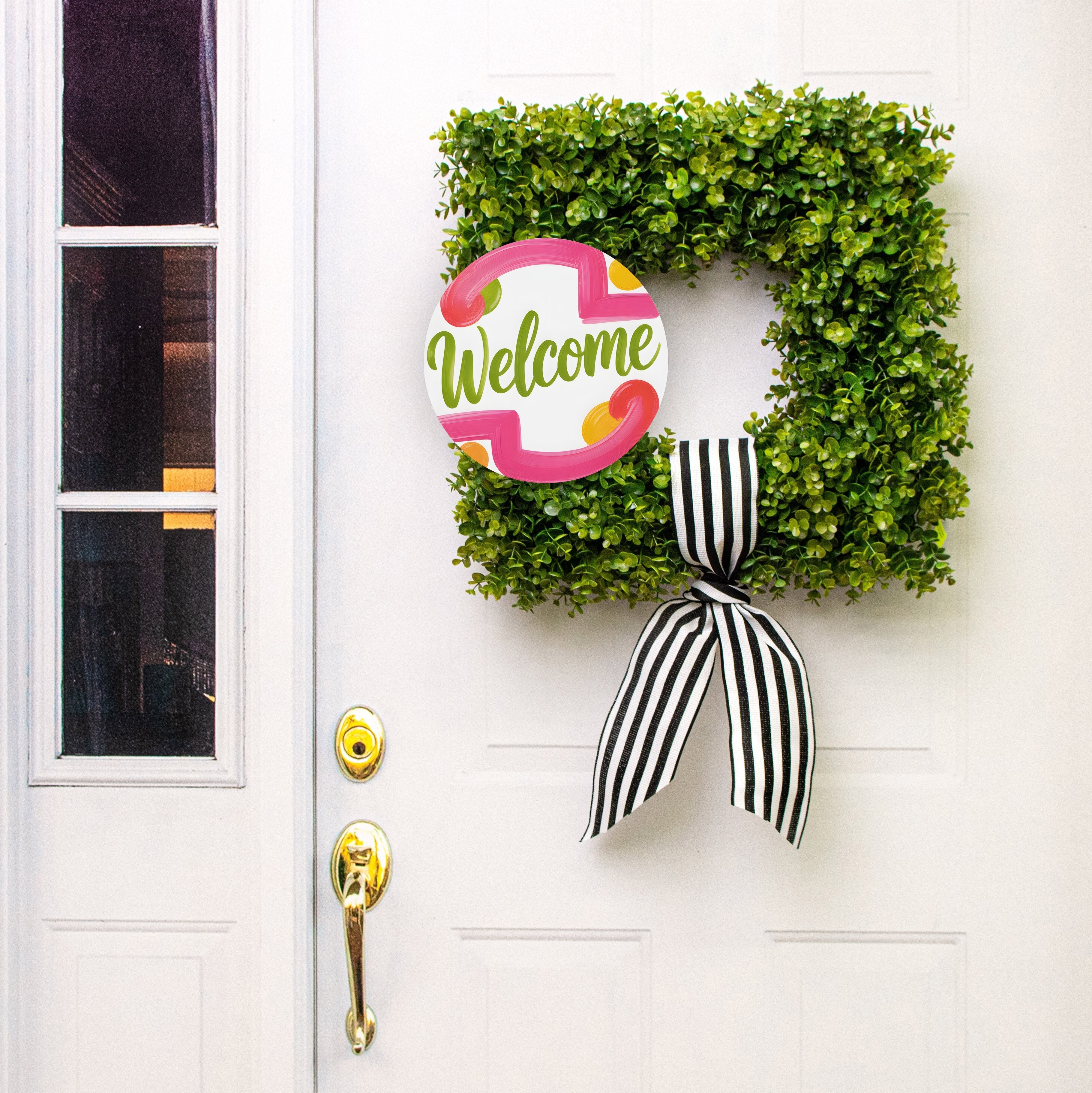 10.5" Round Waterproof Sign: Hot Pink Retro Brushstroke Welcome Lifestyle Photo