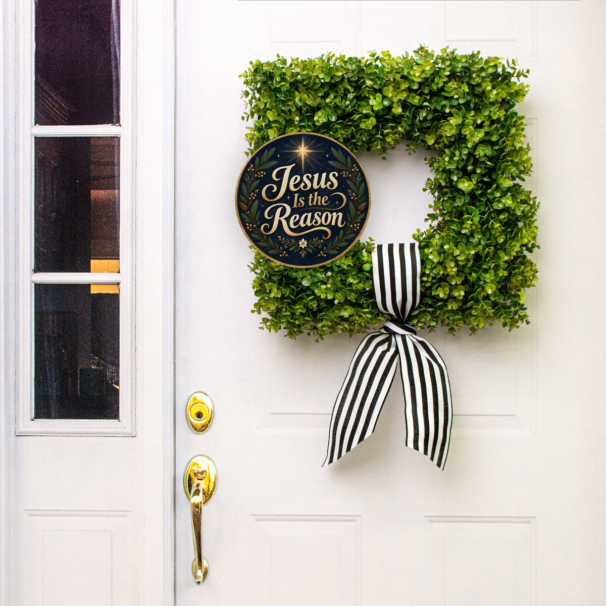 10.5" Round Waterproof Sign: Jesus Reason Shining Star with Evergreens Lifestyle Photo