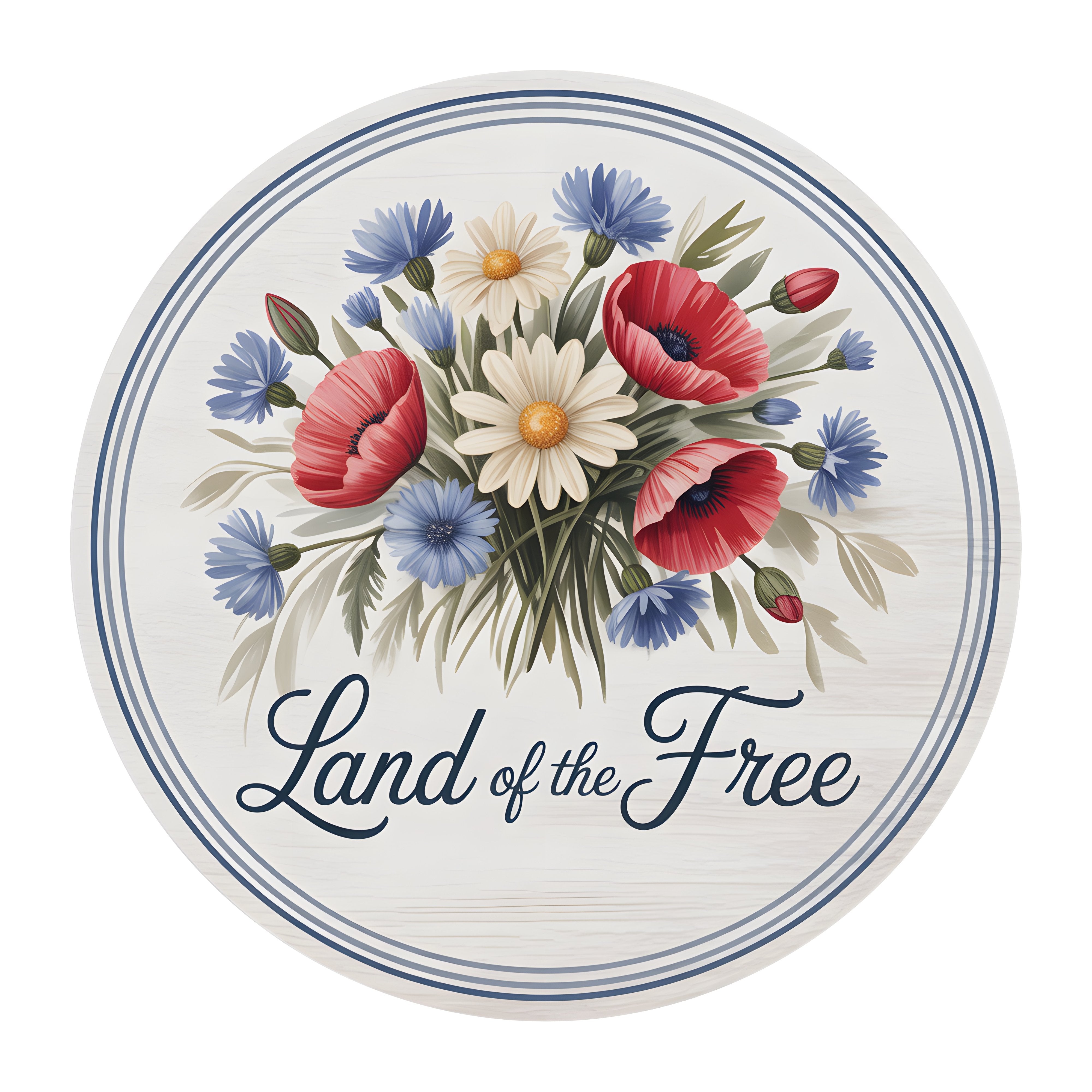 10.5" Round Waterproof Sign: Land of the Free Patriotic Wildflowers Item Number: CD1370NH-105