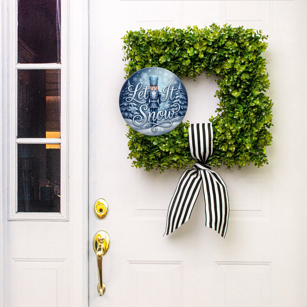 10.5" Round Waterproof Sign: Let It Snow Blue Nutcracker Lifestyle Photo