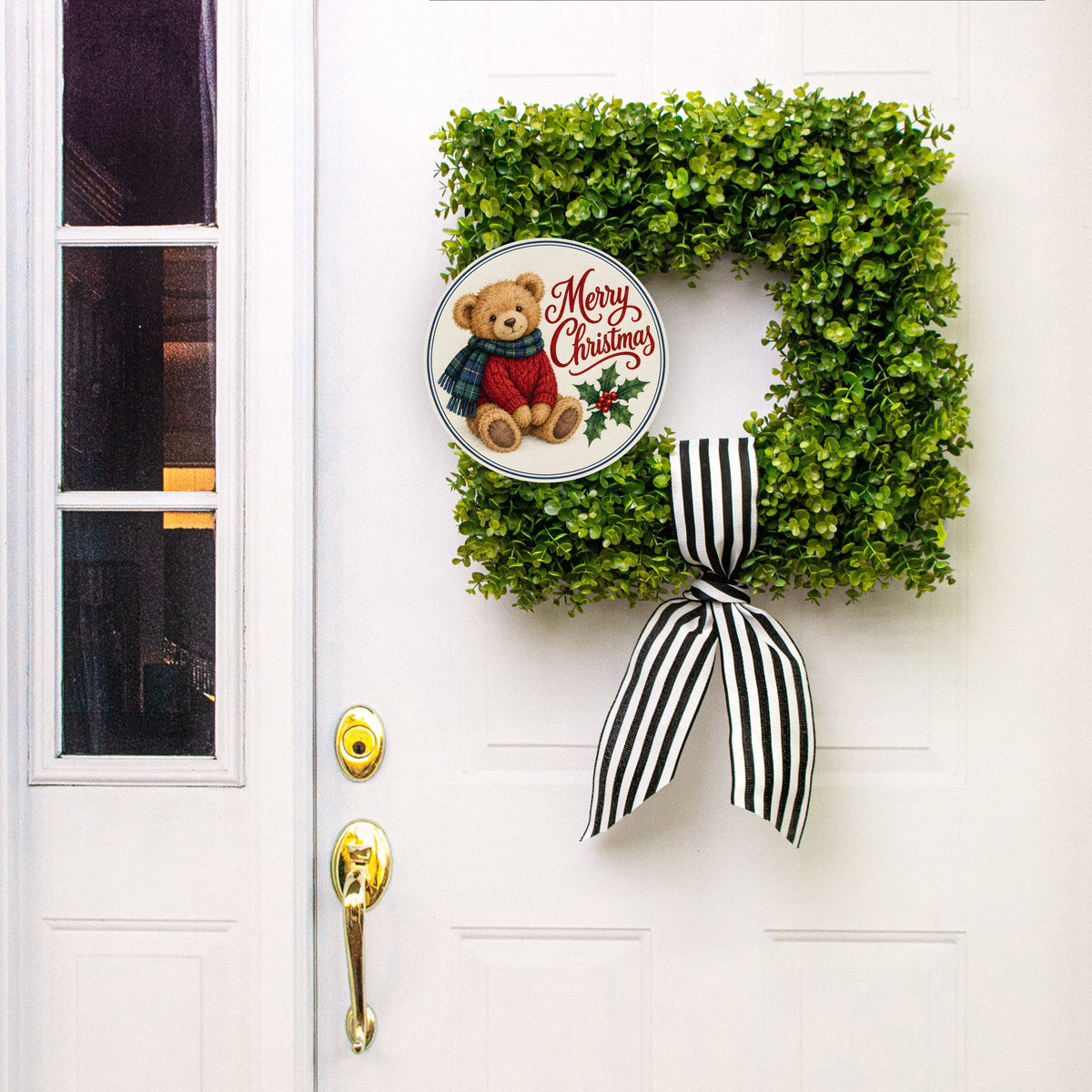 10.5" Round Waterproof Sign: Merry Christmas Preppy Plaid Teddy Bear Lifestyle Photo