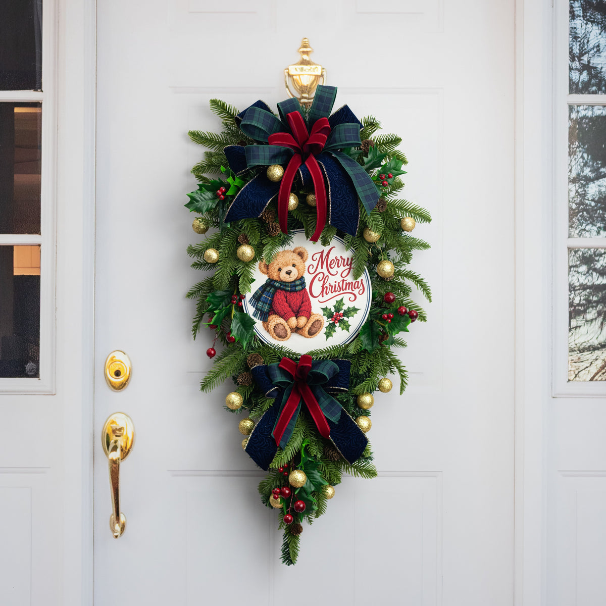 10.5" Round Waterproof Sign: Merry Christmas Preppy Plaid Teddy Bear detail photo 3