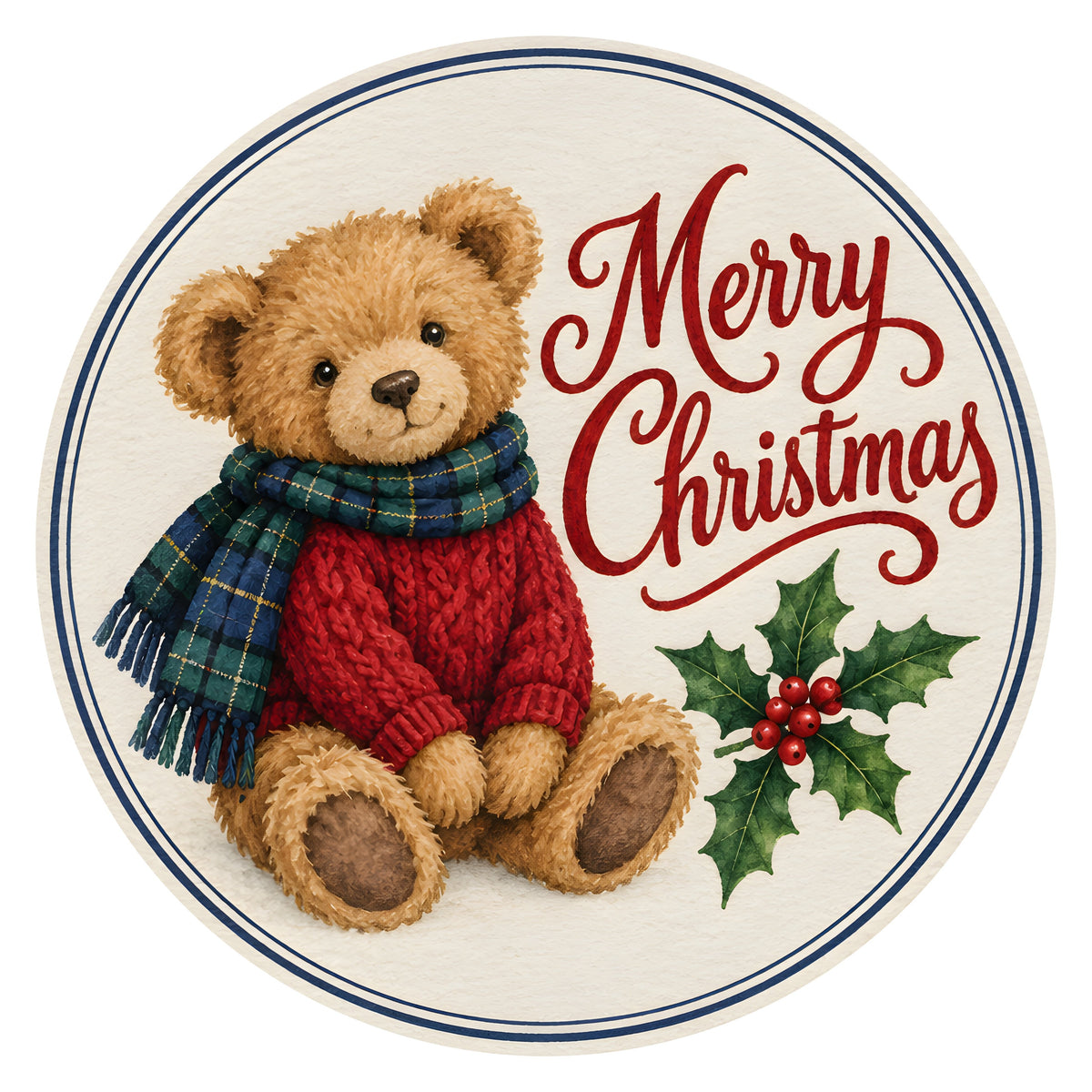 10.5" Round Waterproof Sign: Merry Christmas Preppy Plaid Teddy Bear Item Number: CD1499NH-105