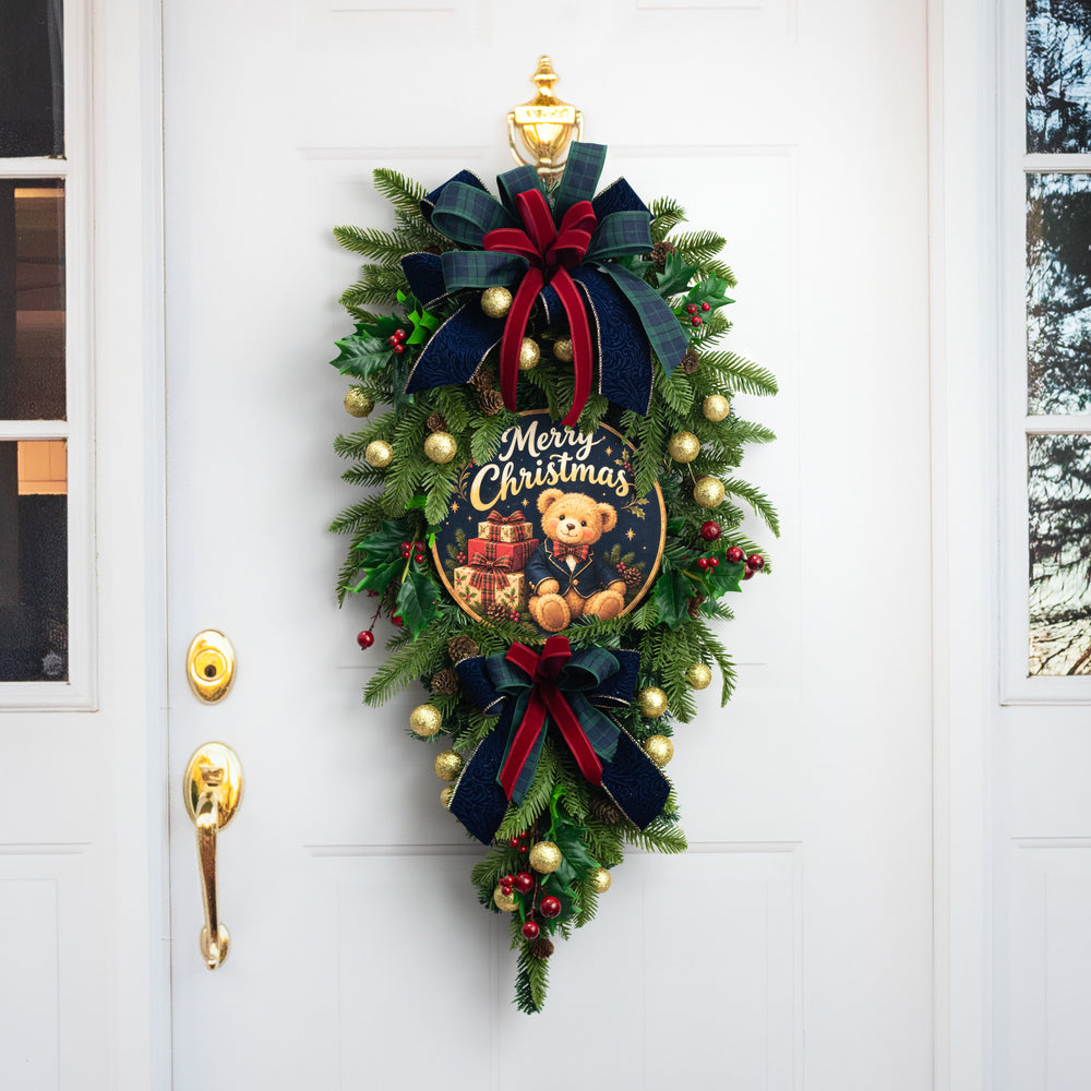 10.5" Round Waterproof Sign: Merry Christmas Preppy Teddy Bear with Gifts detail photo 3