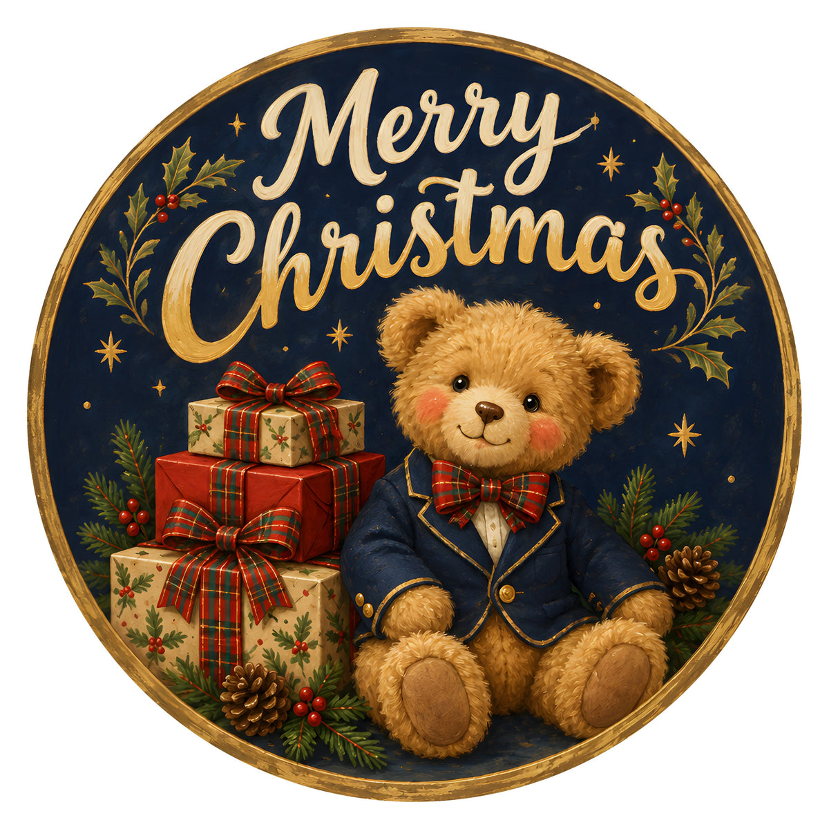 10.5" Round Waterproof Sign: Merry Christmas Preppy Teddy Bear with Gifts Item Number: CD1498NH-105