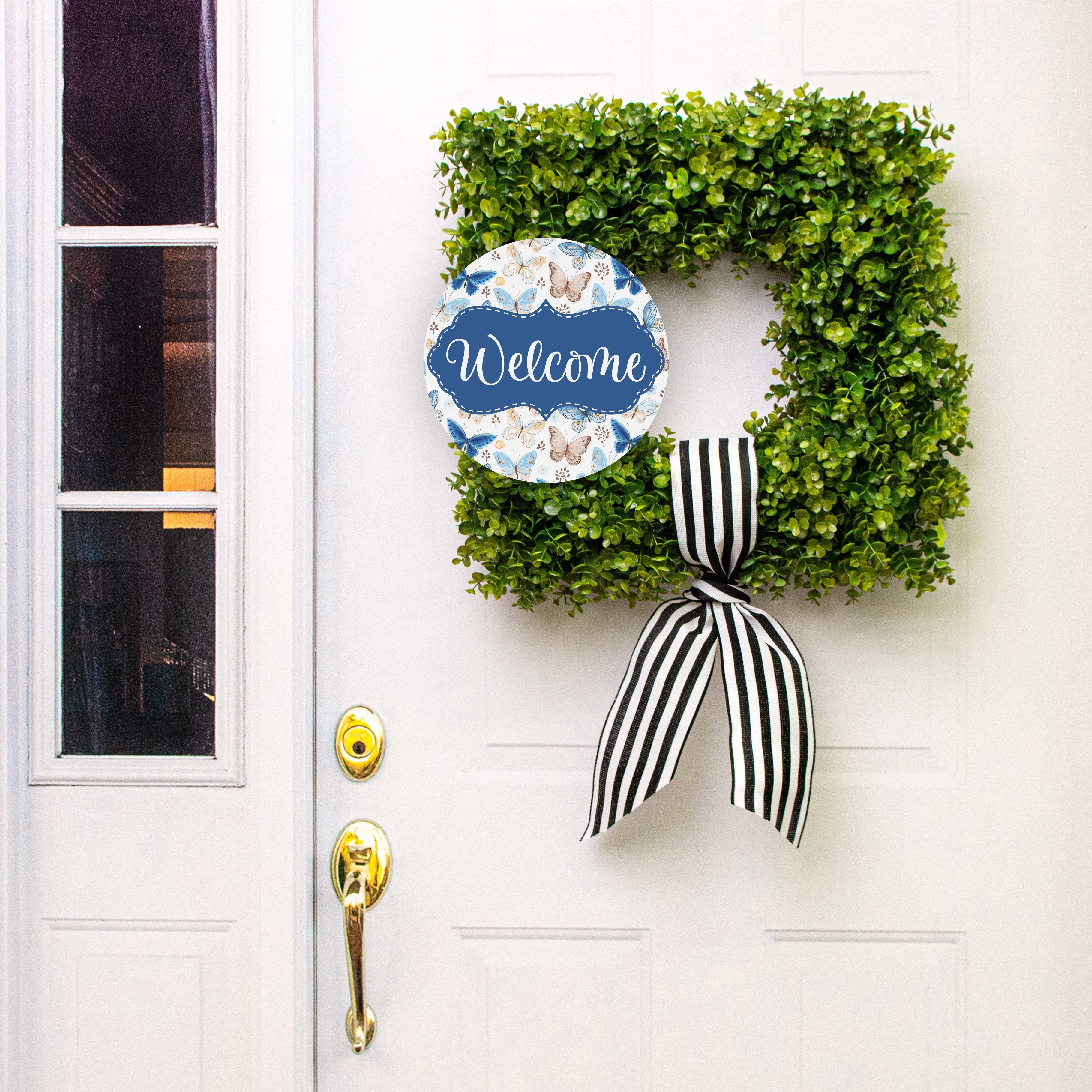 10.5" Round Waterproof Sign: Scalloped Welcome Blue Brown Butterflies Lifestyle Photo
