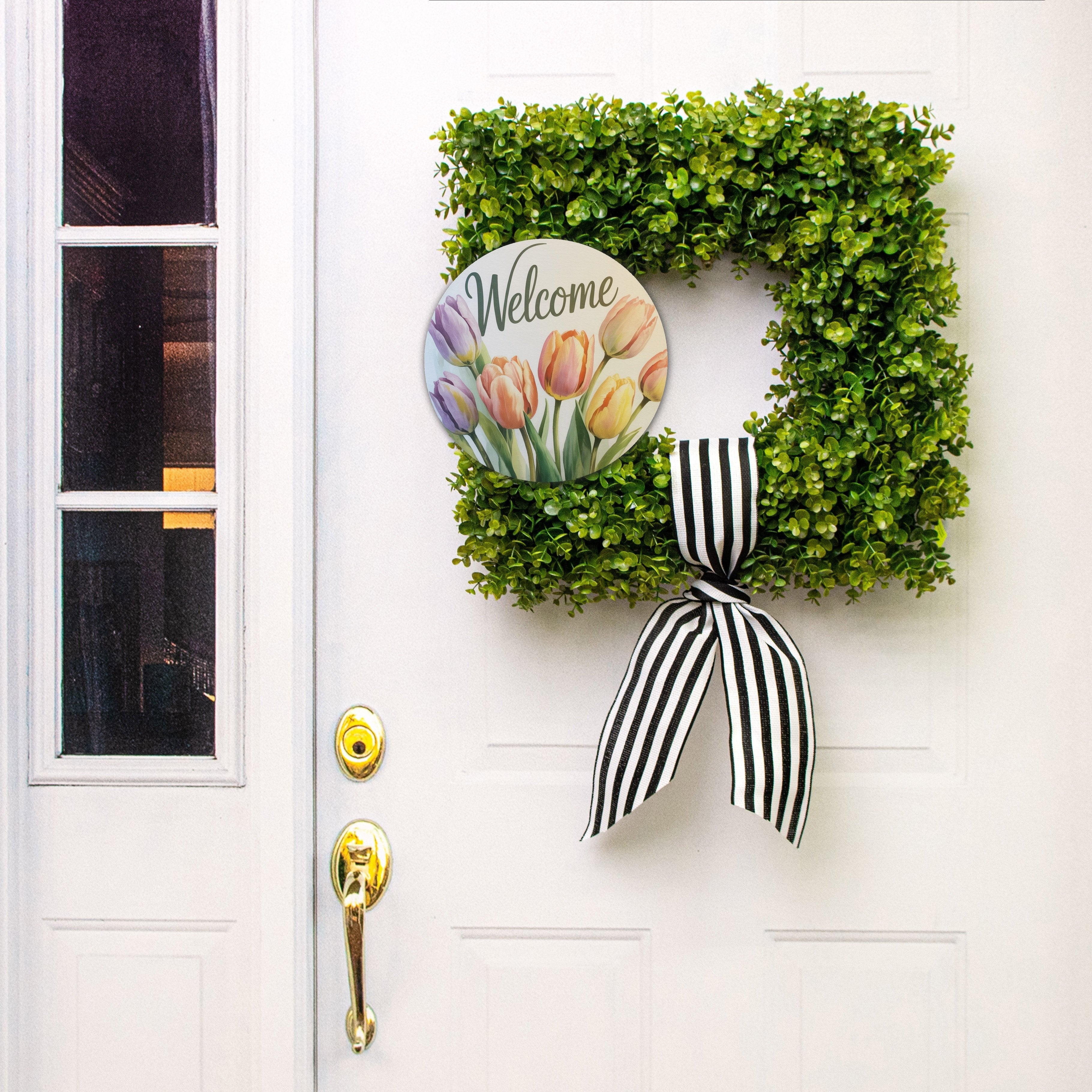 10.5" Round Waterproof Sign: Watercolor Tulips Welcome Lifestyle Photo