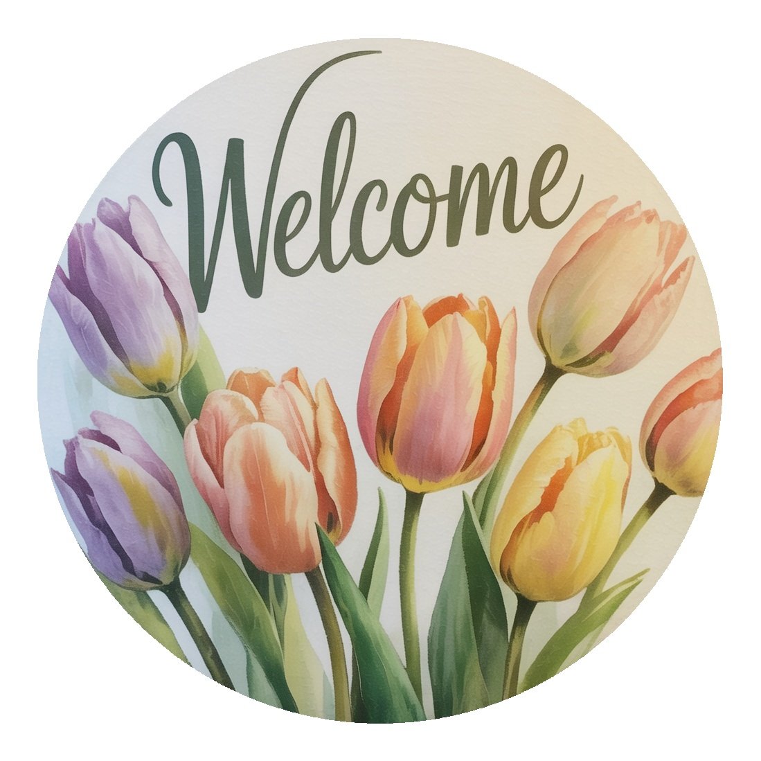 10.5" Round Waterproof Sign: Watercolor Tulips Welcome Item Number: CD1187NH