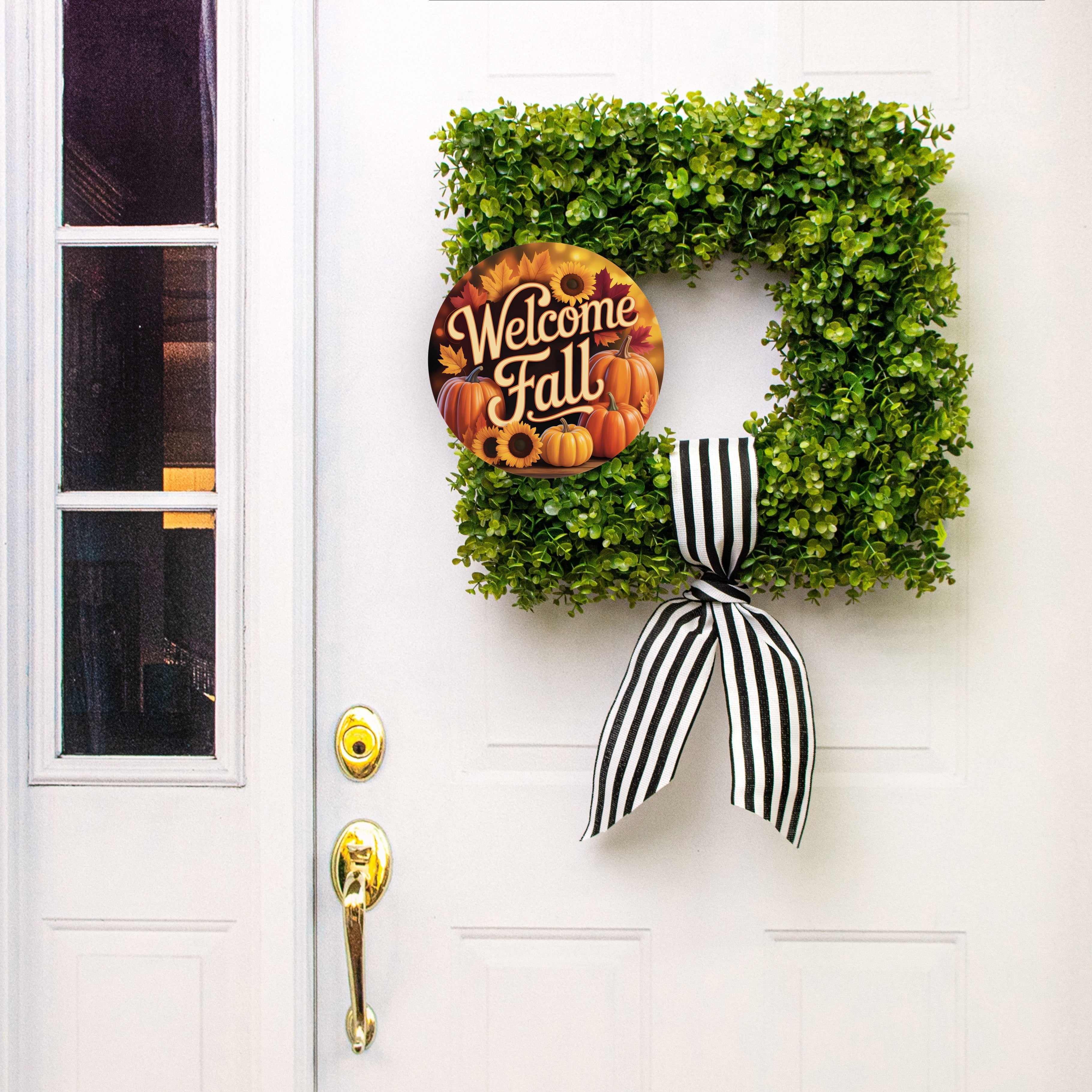 10.5" Round Waterproof Sign: Welcome Fall Pumpkins Sunflowers Lifestyle Photo