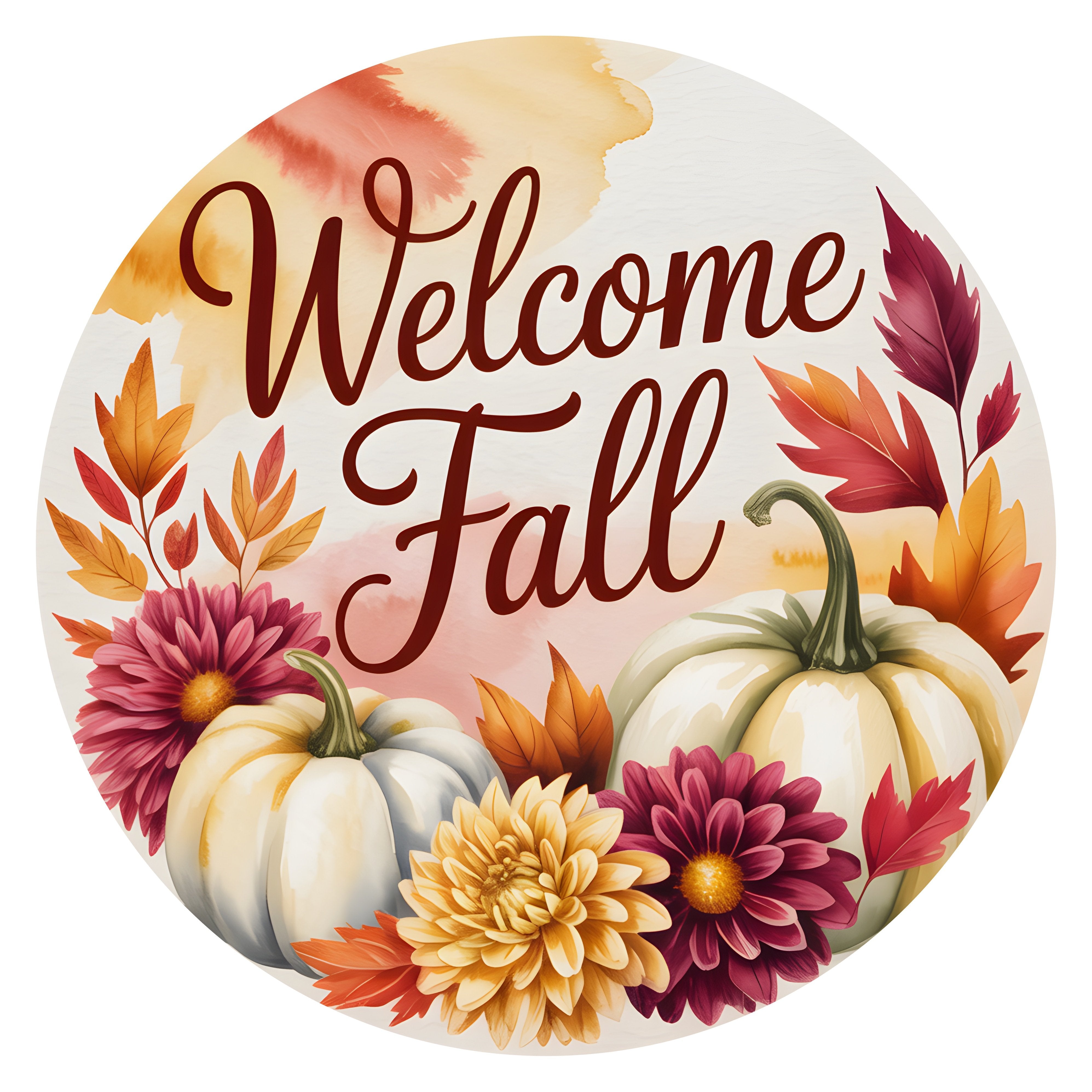 10.5" Round Waterproof Sign: Welcome Fall White Pumpkins Dahlias Item Number: CD1415NH-105