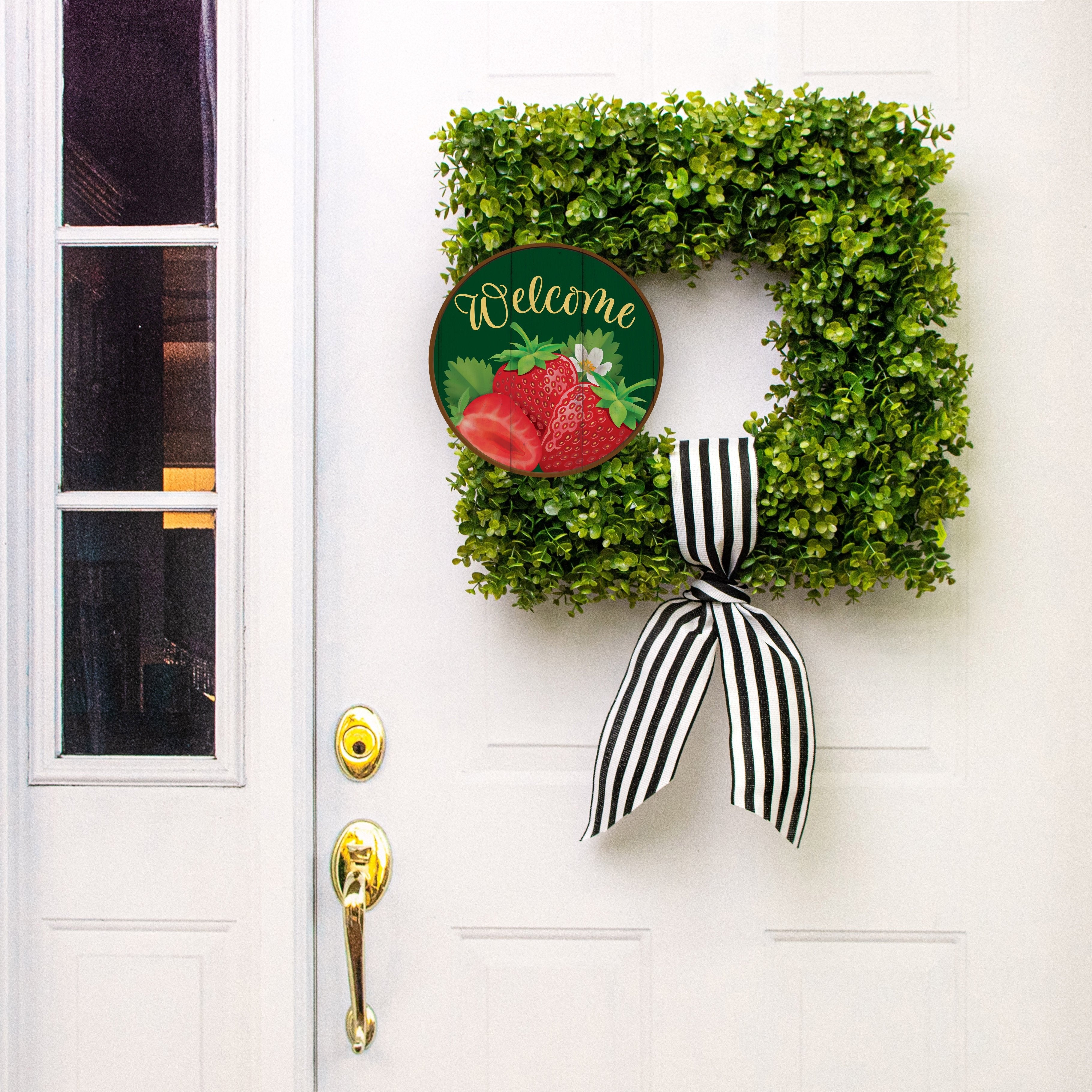 10.5" Round Waterproof Sign: Welcome Strawberry on Green Lifestyle Photo