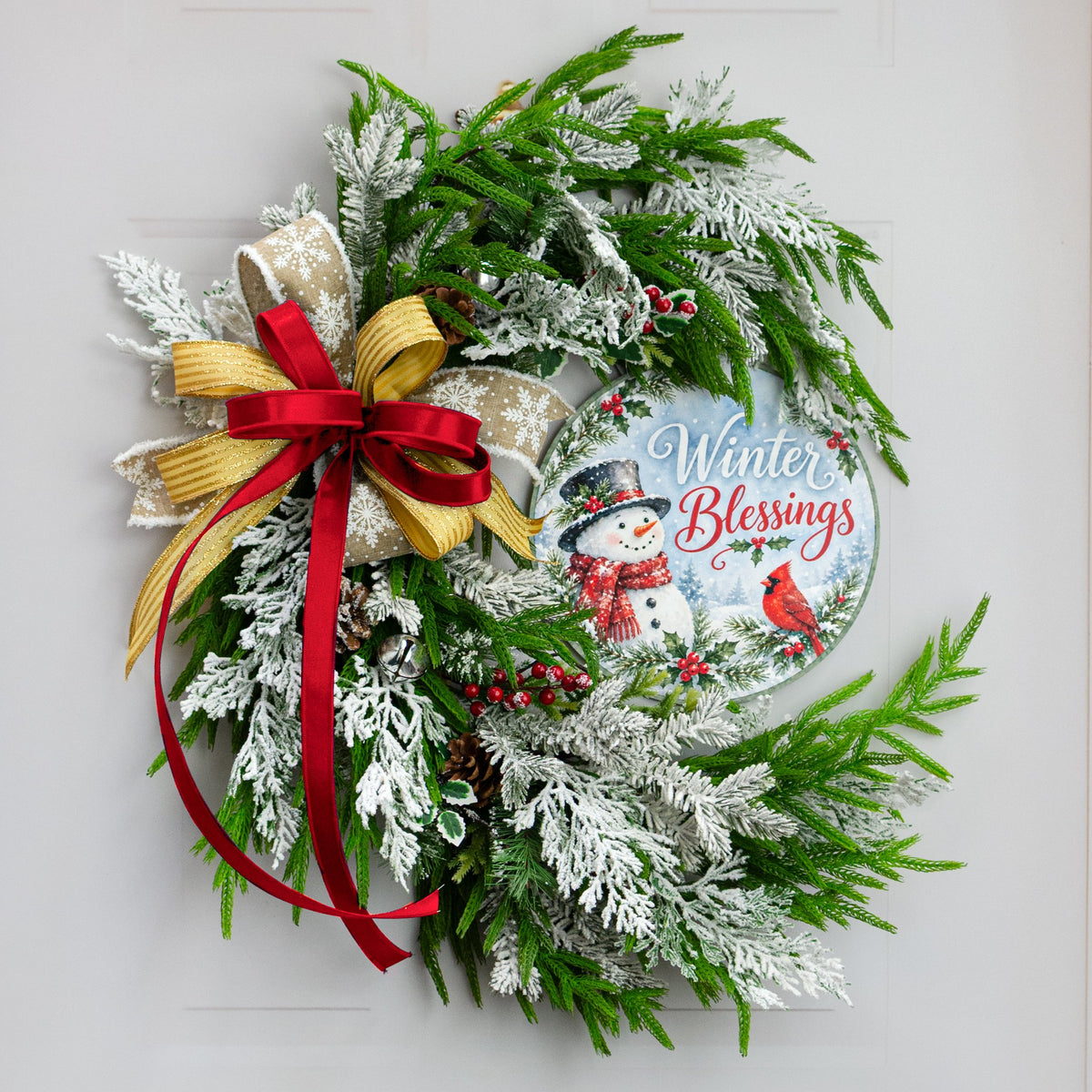10.5" Round Waterproof Sign: Winter Blessings Snowman and Cardinal detail photo 3