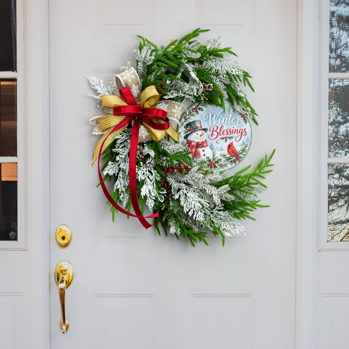 10.5" Round Waterproof Sign: Winter Blessings Snowman and Cardinal detail photo 4