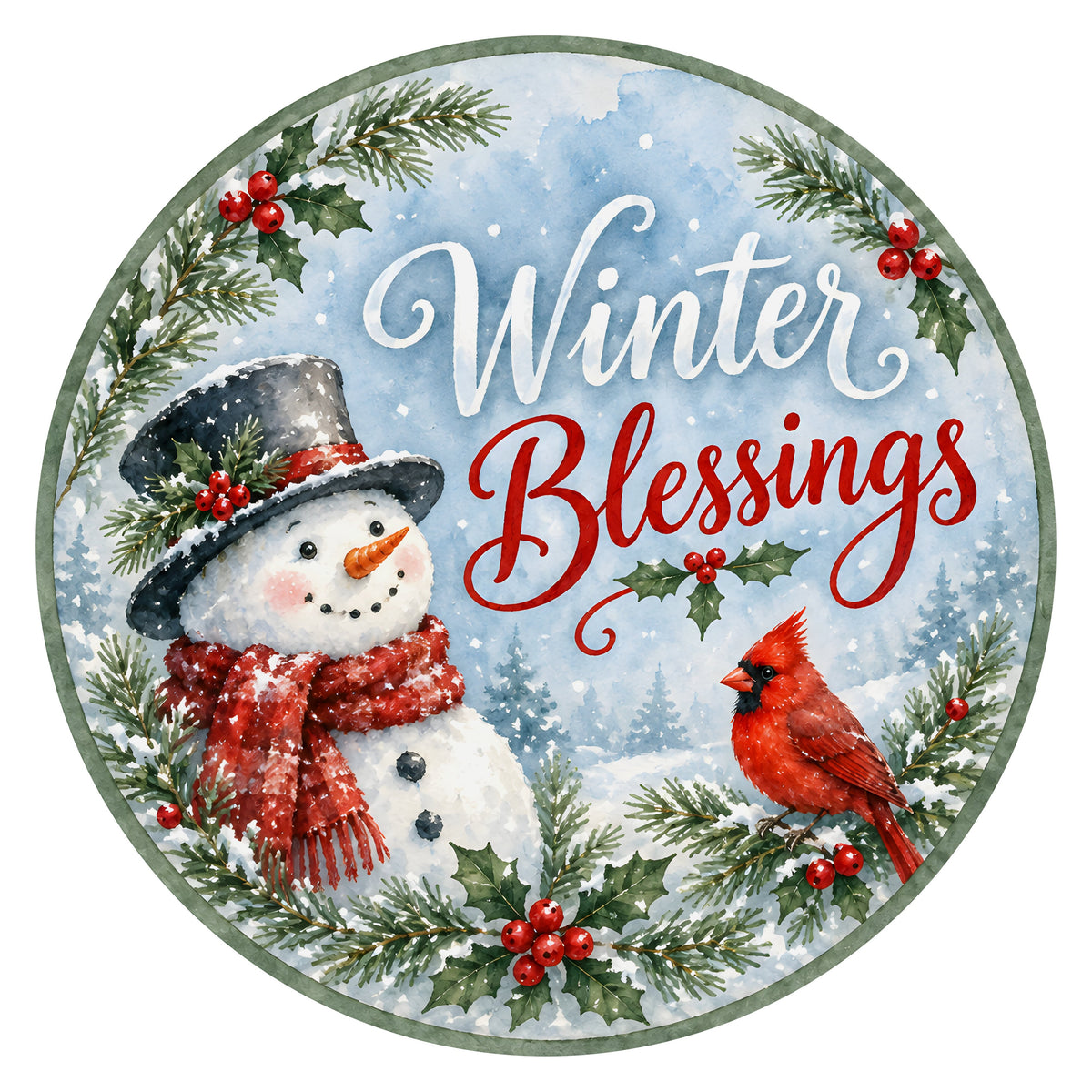 10.5" Round Waterproof Sign: Winter Blessings Snowman and Cardinal Item Number: CD1478NH-105