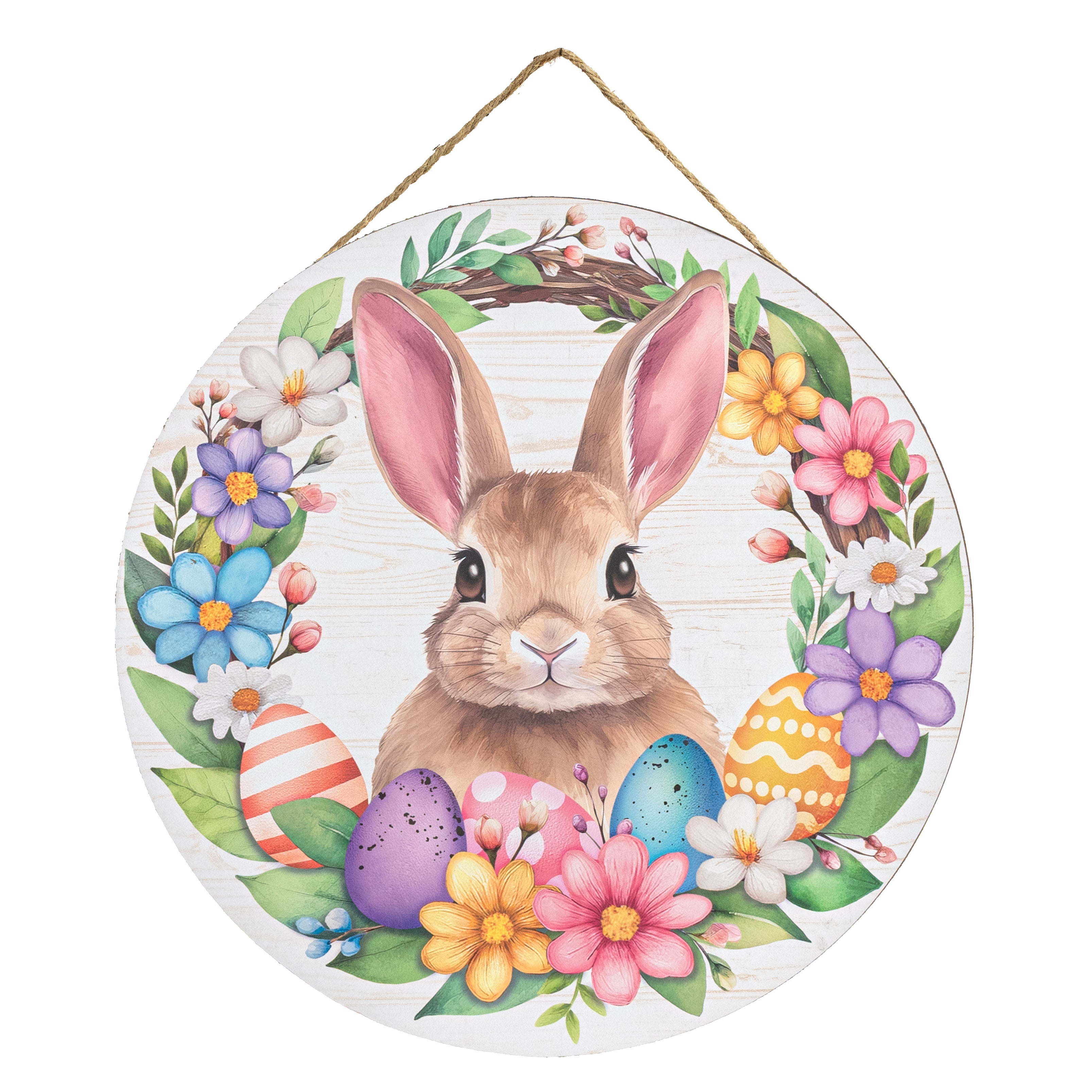 10.5" Round Wooden Sign: Floral Bunny Easter Eggs Item Number: AP7438