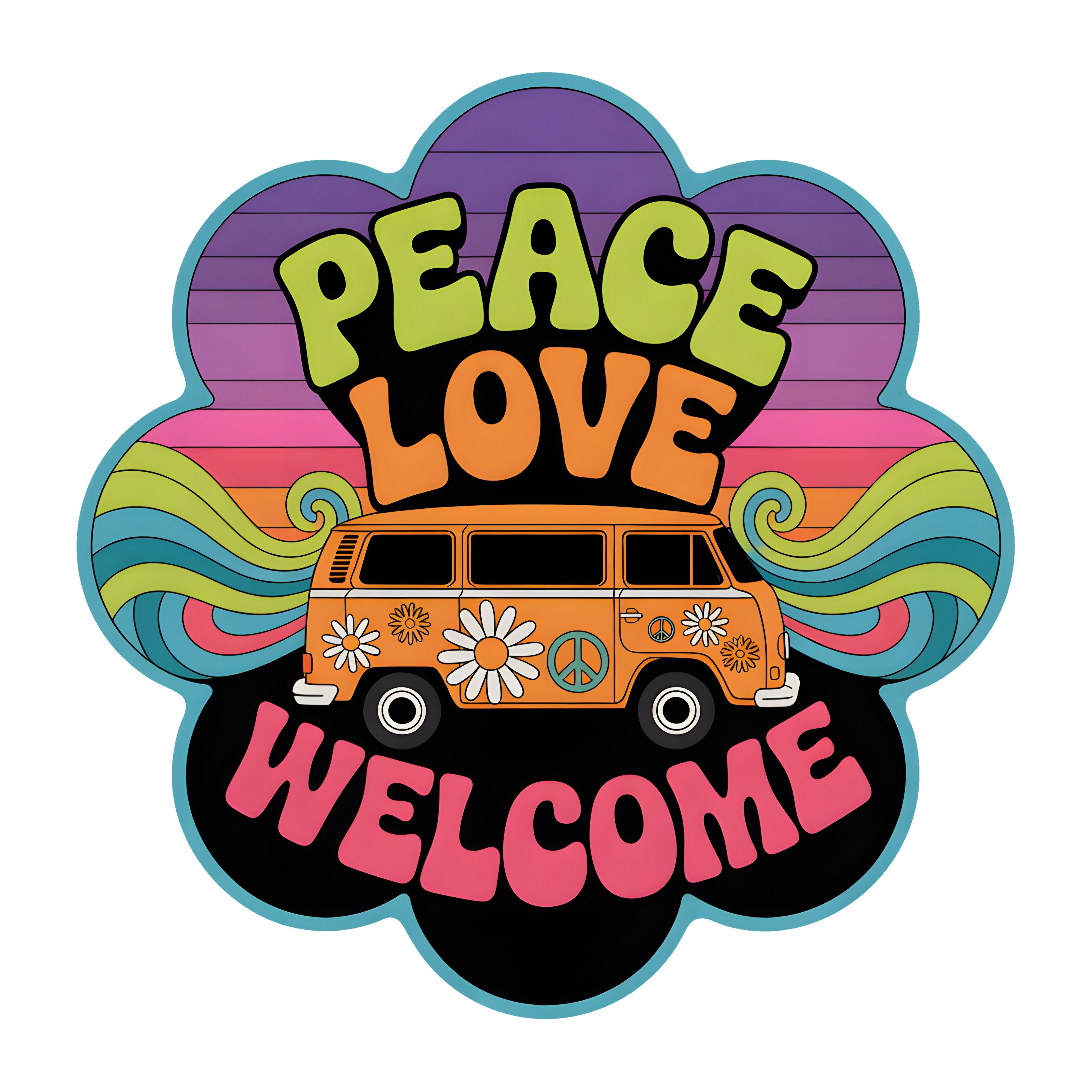 10.5" Scalloped Waterproof Sign: Peace Love Welcome Retro Van Item Number: CD1345NH-105