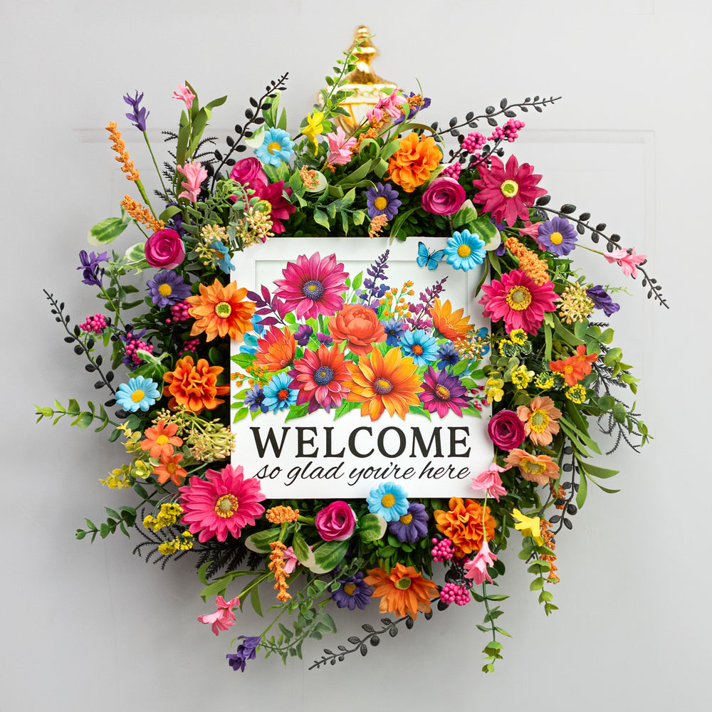 10" Square Wooden Sign: Bright Welcome Floral Glad Youâre Here Lifestyle Photo