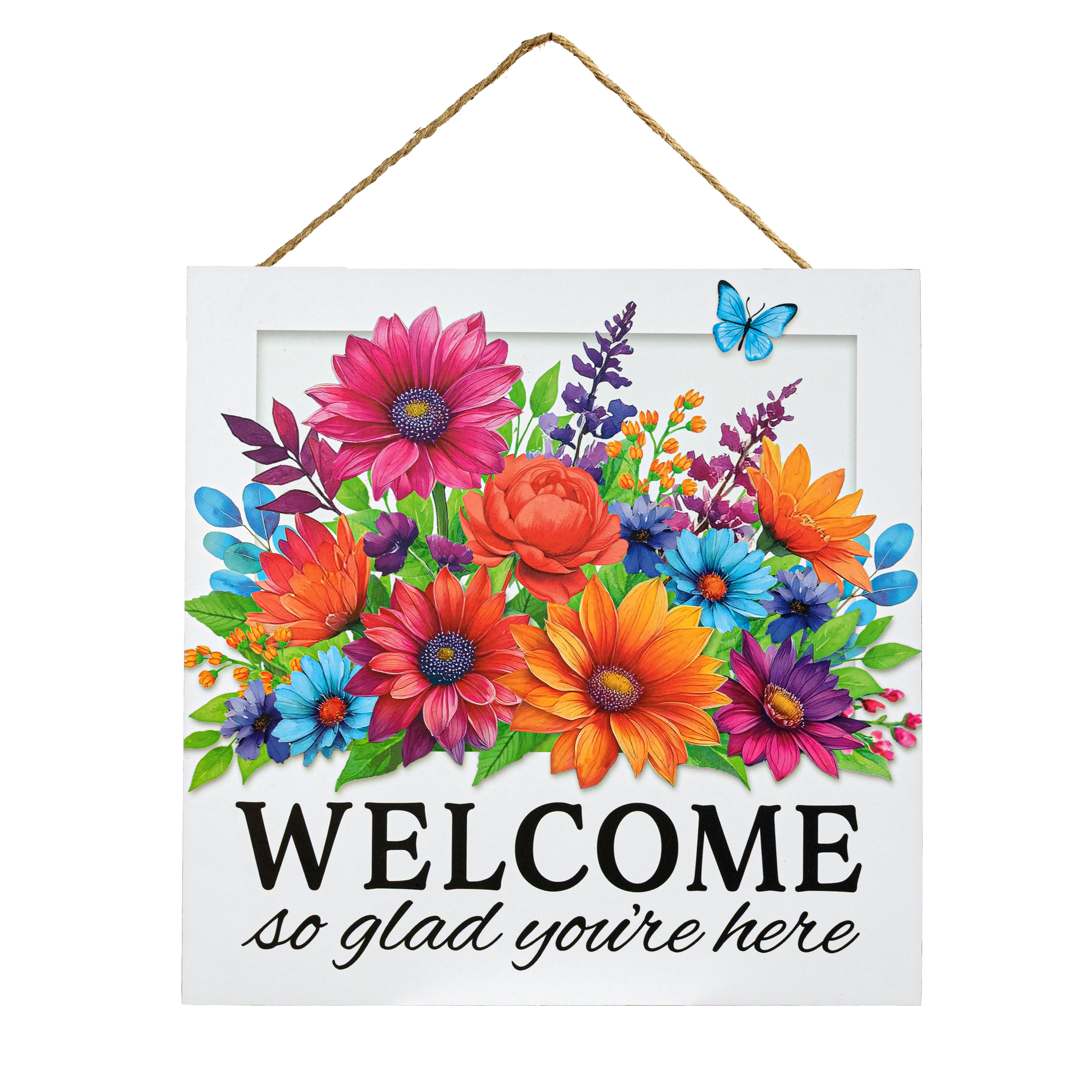 10" Square Wooden Sign: Bright Welcome Floral Glad Youâre Here Item Number: AP7434F6