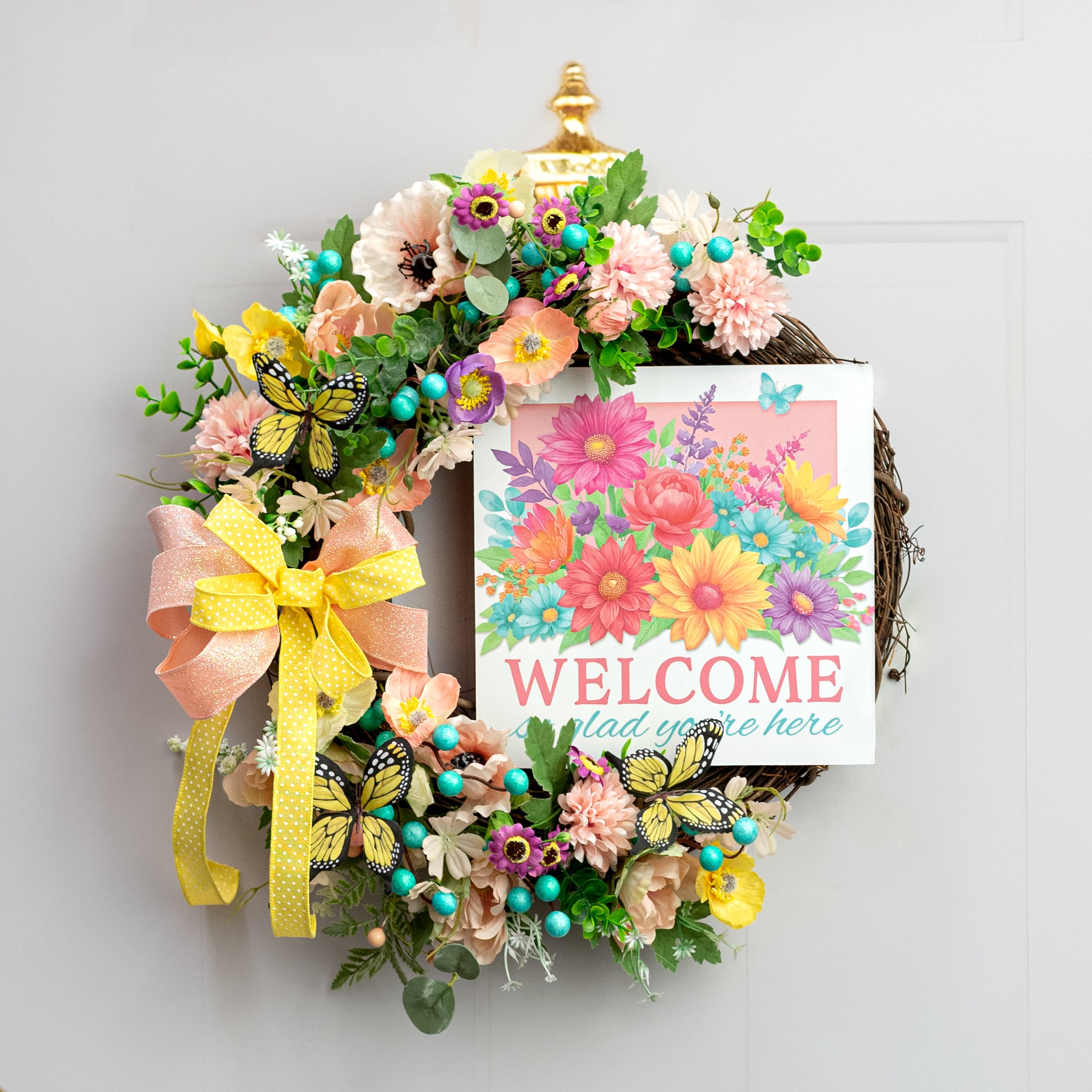 10" Square Wooden Sign: Light Welcome Floral Glad Youâre Here Lifestyle Photo
