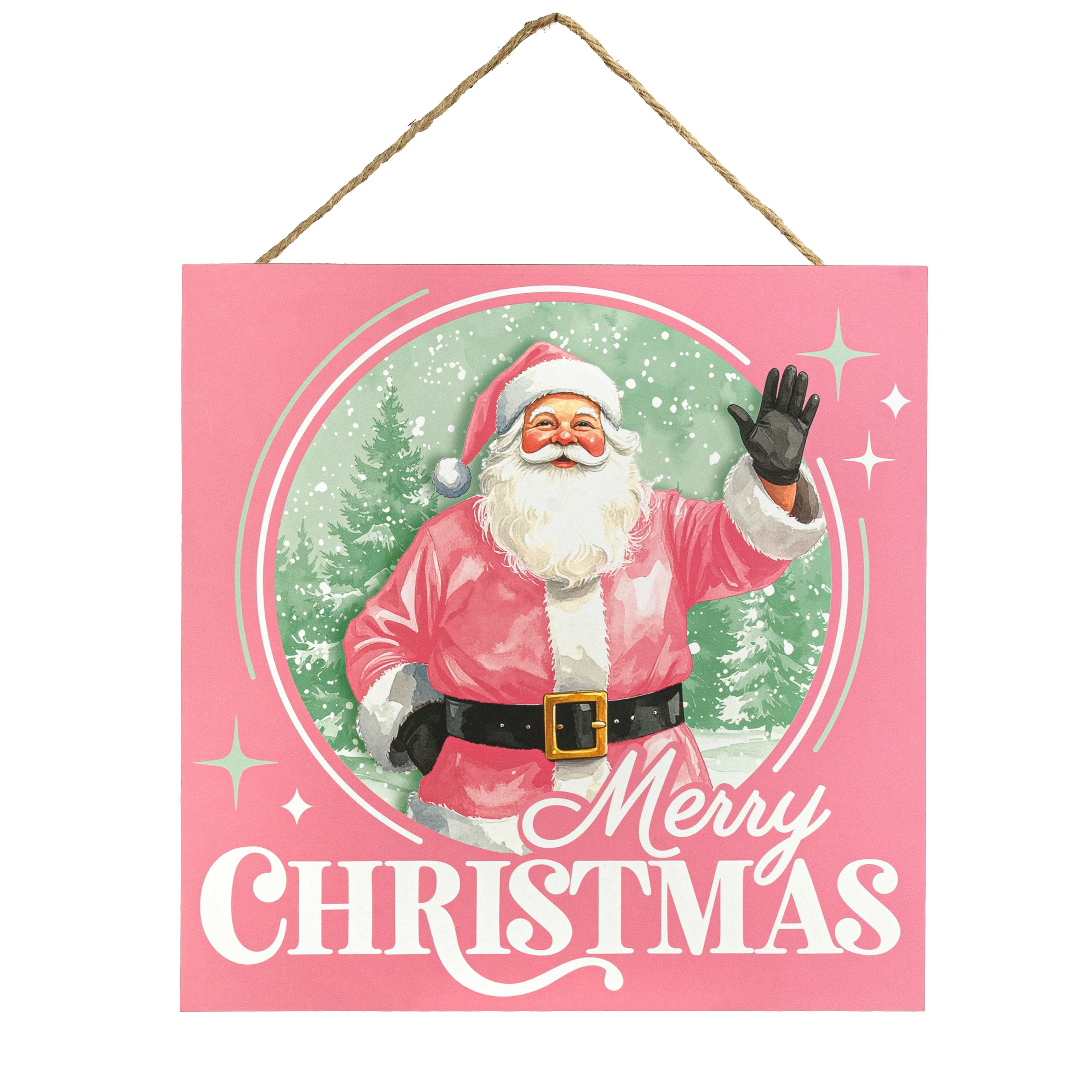 10" Square Wooden Sign: Pink & Mint Merry Christmas Santa Clause Item Number: AP7469K6