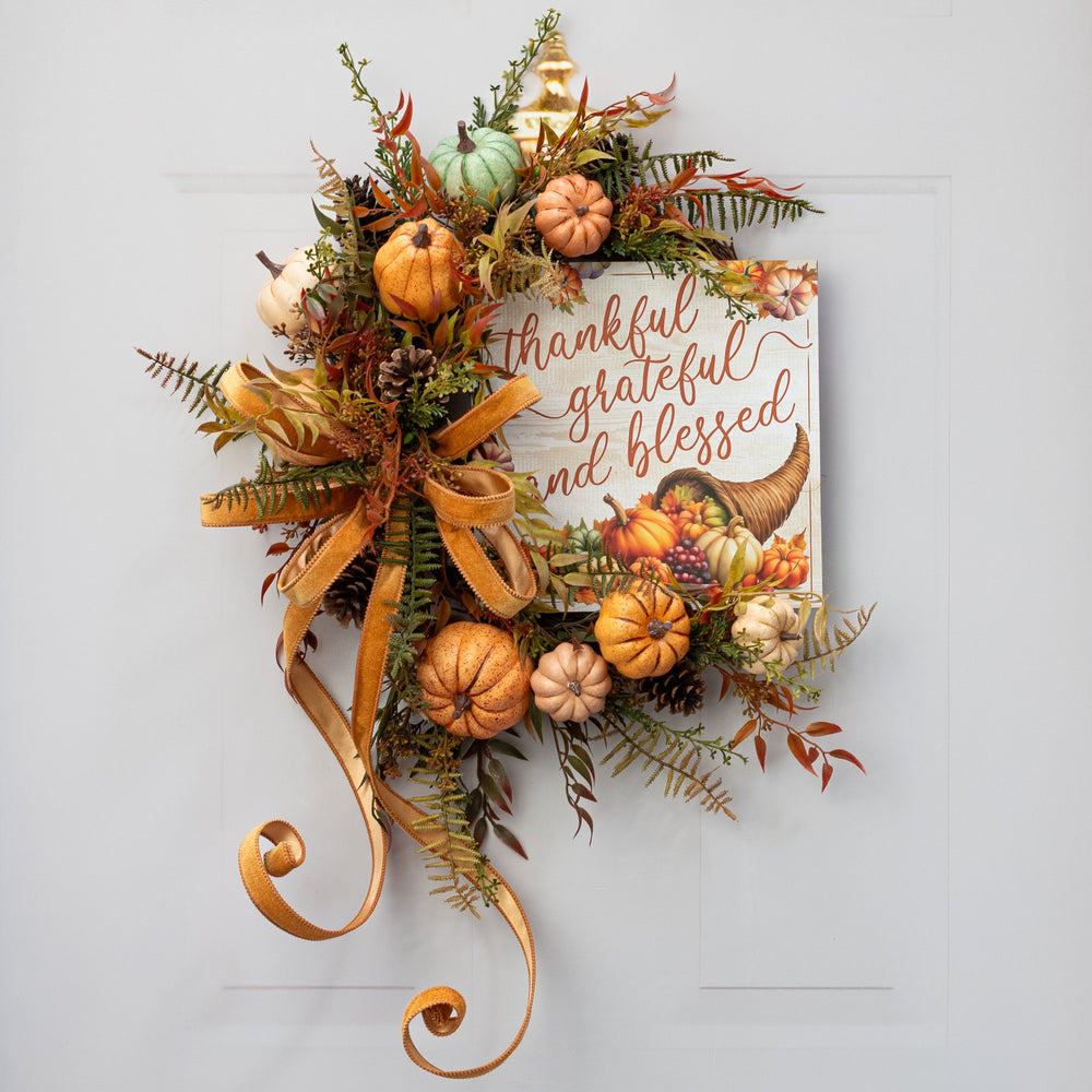 10" Square Wooden Sign: Thankful, Grateful, Blessed Cornucopia Lifestyle Photo