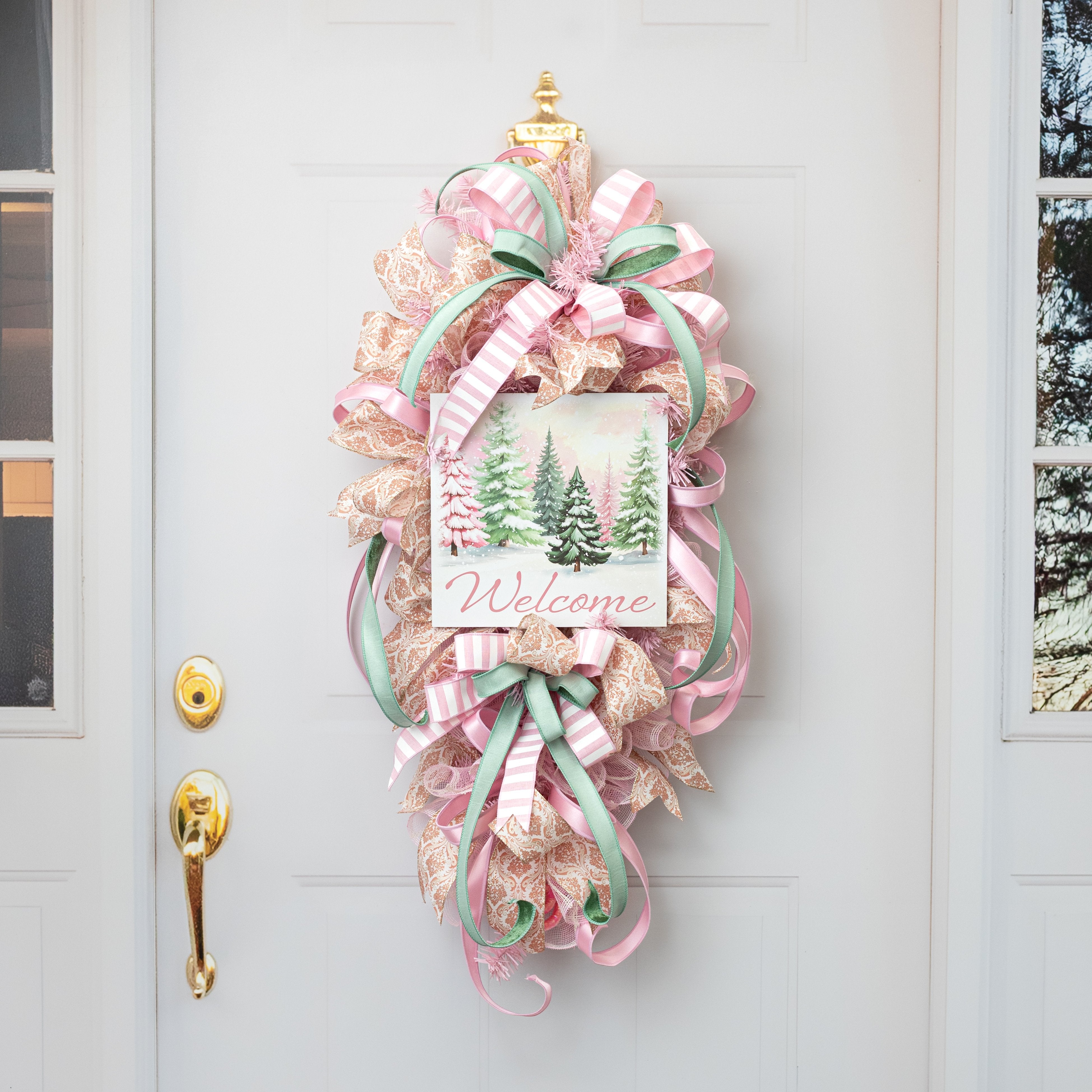 10" Square Wooden Sign: Welcome Christmas Trees Pink & Mint Lifestyle Photo