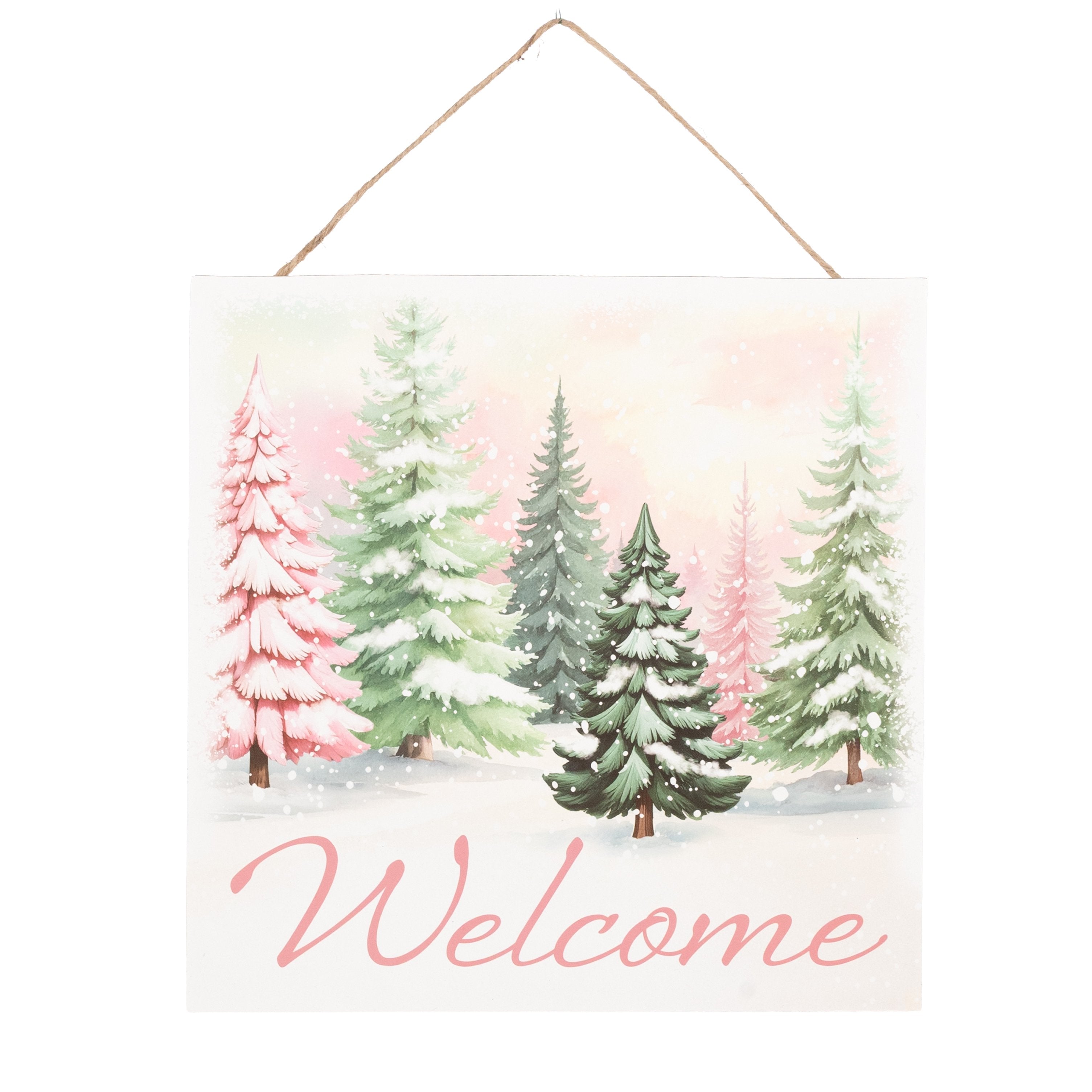 10" Square Wooden Sign: Welcome Christmas Trees Pink & Mint Item Number: AP7464K5