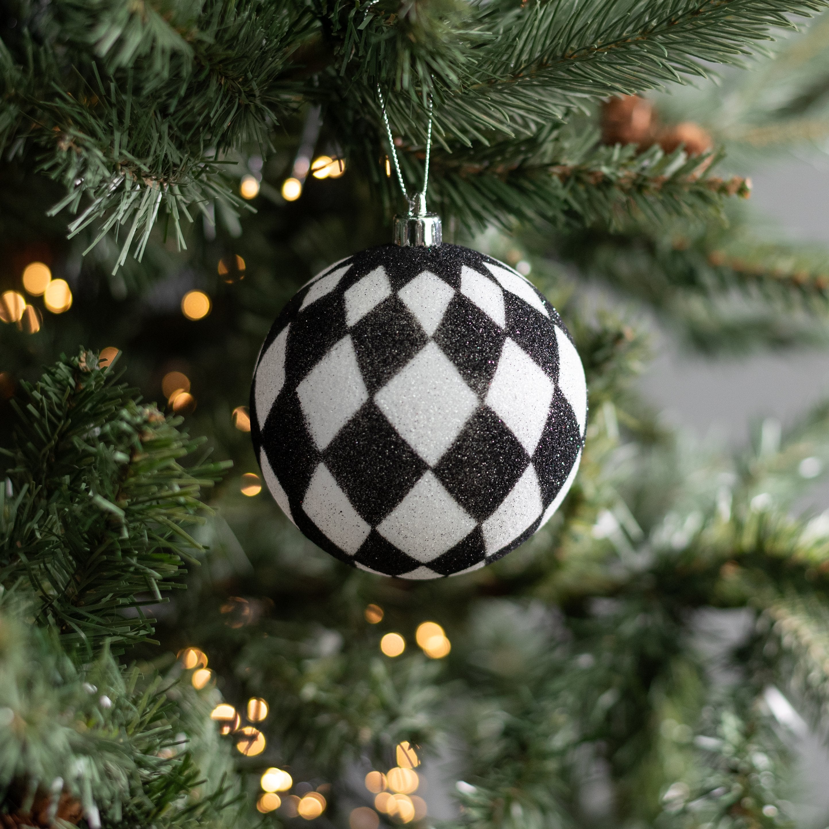 100mm Ball Ornament: Black & White Harlequin Lifestyle Photo