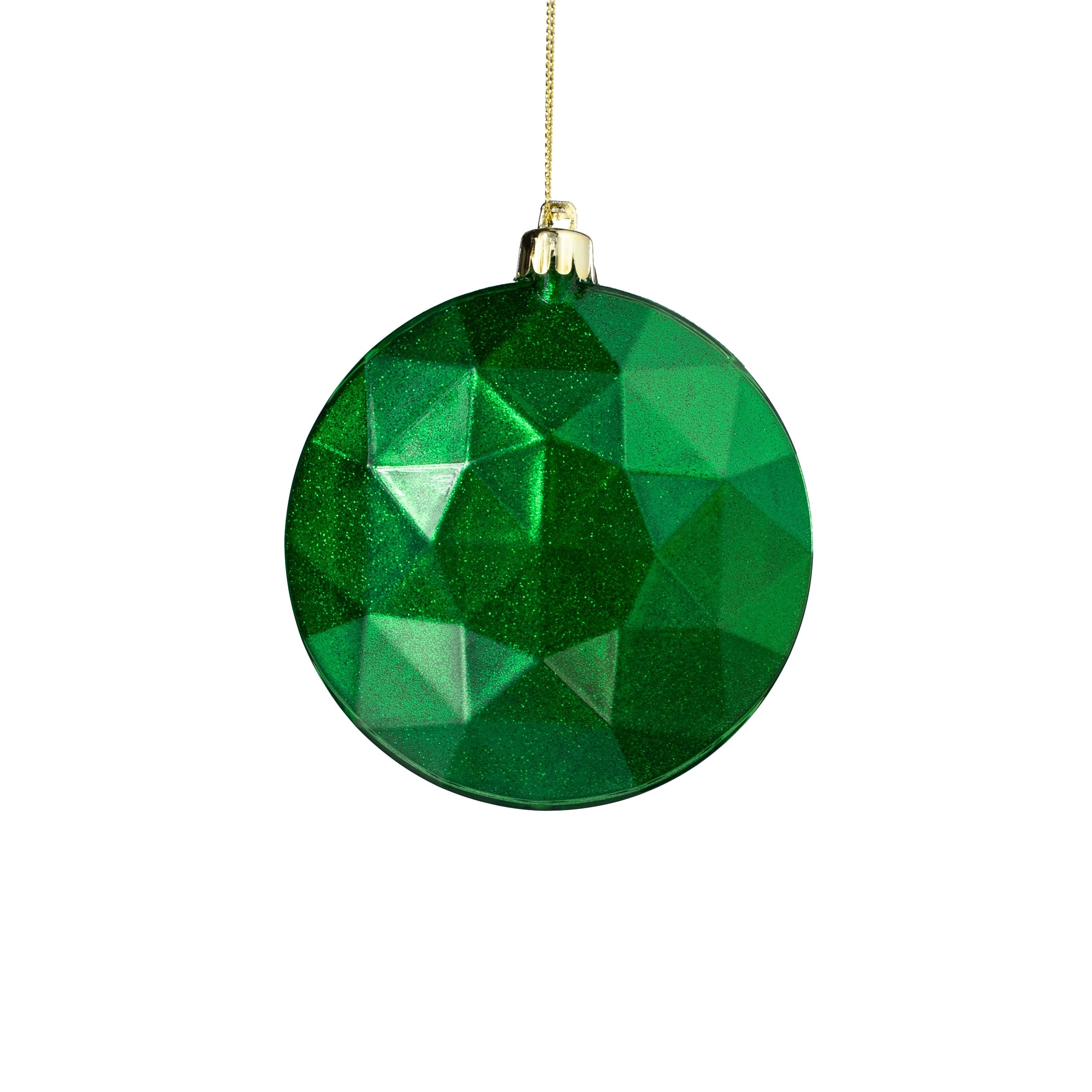 100mm Faceted Flat Round Gem Ornament: Glitter Inside Emerald Green Item Number: XJ765506