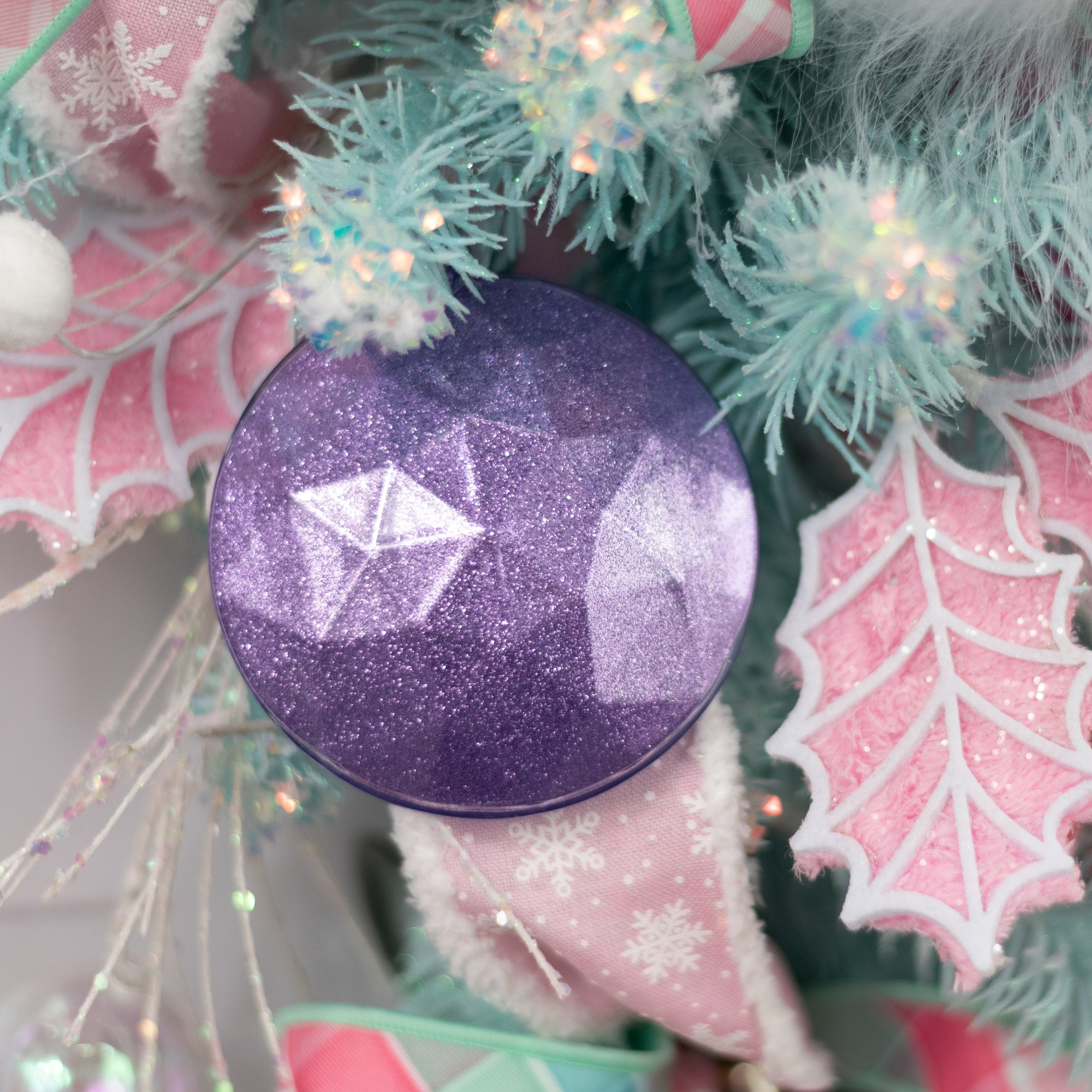 100mm Faceted Flat Round Gem Ornament: Glitter Inside Lavender Lifestyle Photo