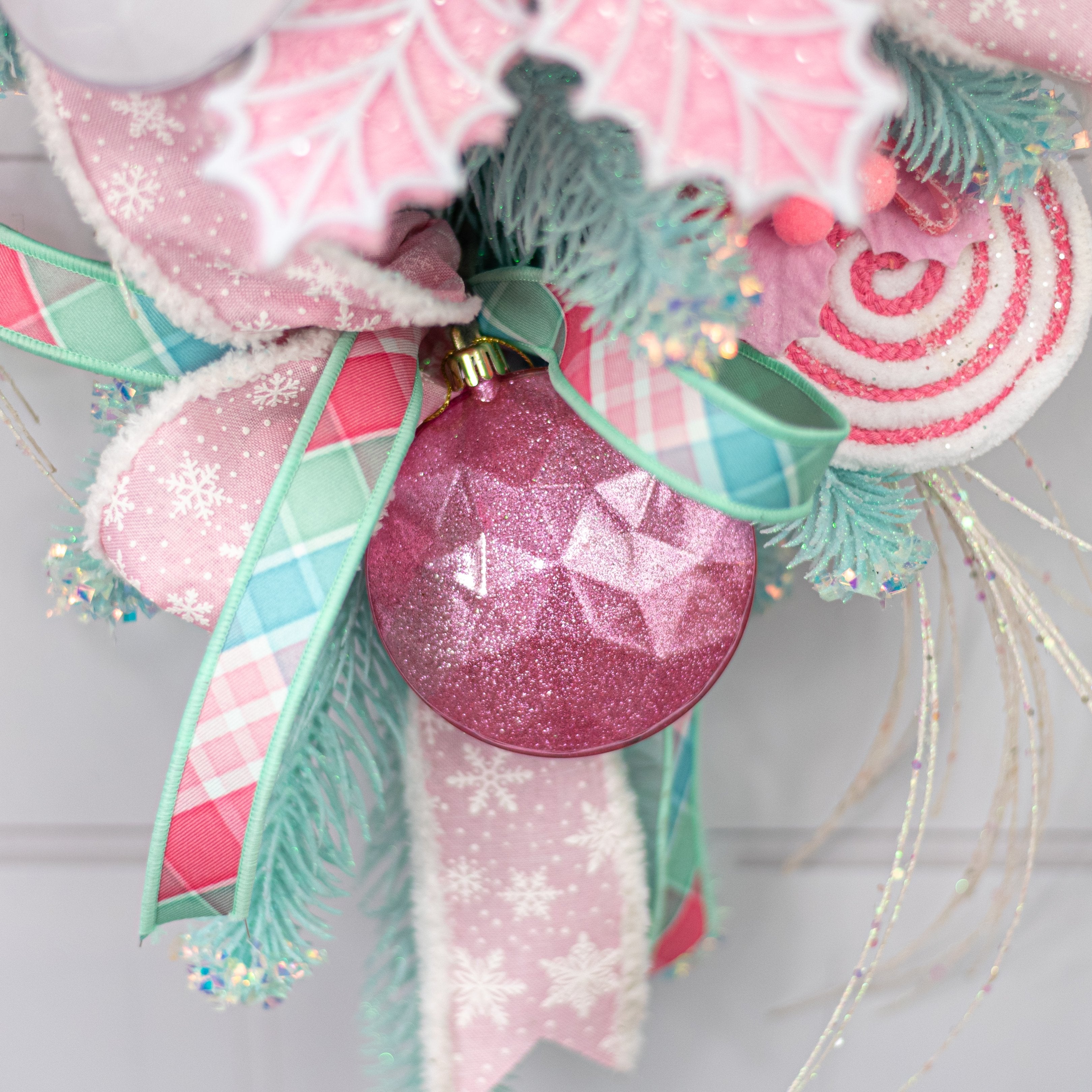 100mm Faceted Flat Round Gem Ornament: Glitter Inside Pink Lifestyle Photo