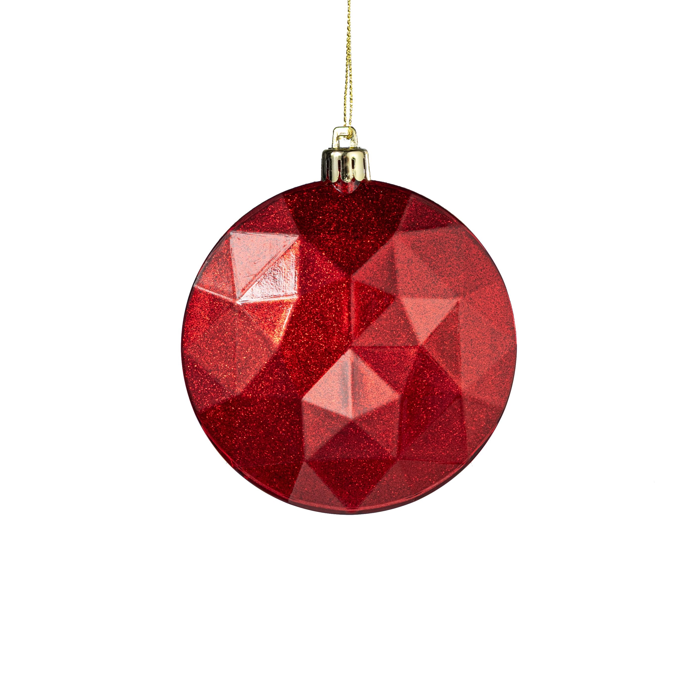 100mm Faceted Flat Round Gem Ornament: Glitter Inside Red Item Number: XJ765524