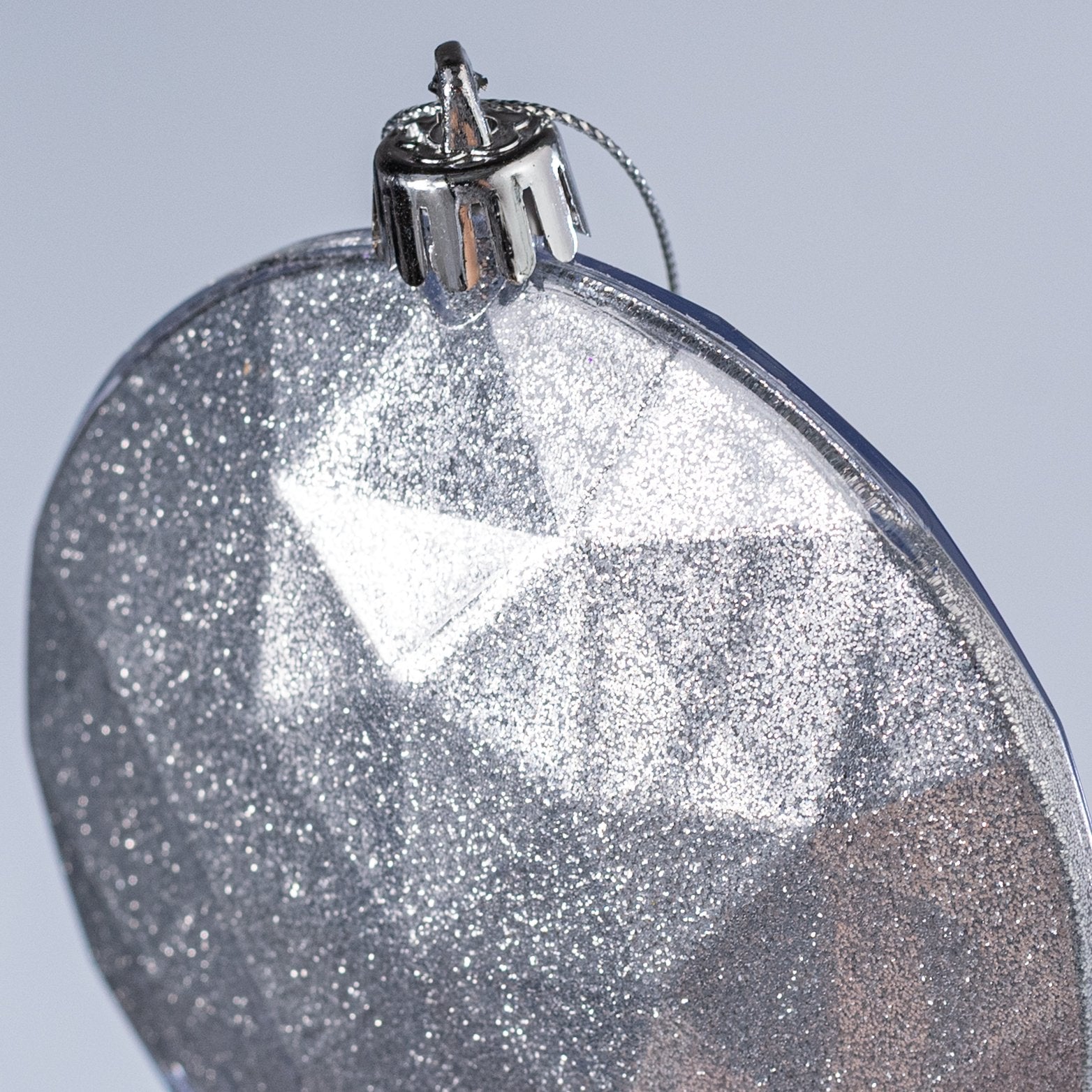 100mm Faceted Flat Round Gem Ornament: Glitter Inside Silver detail photo 3