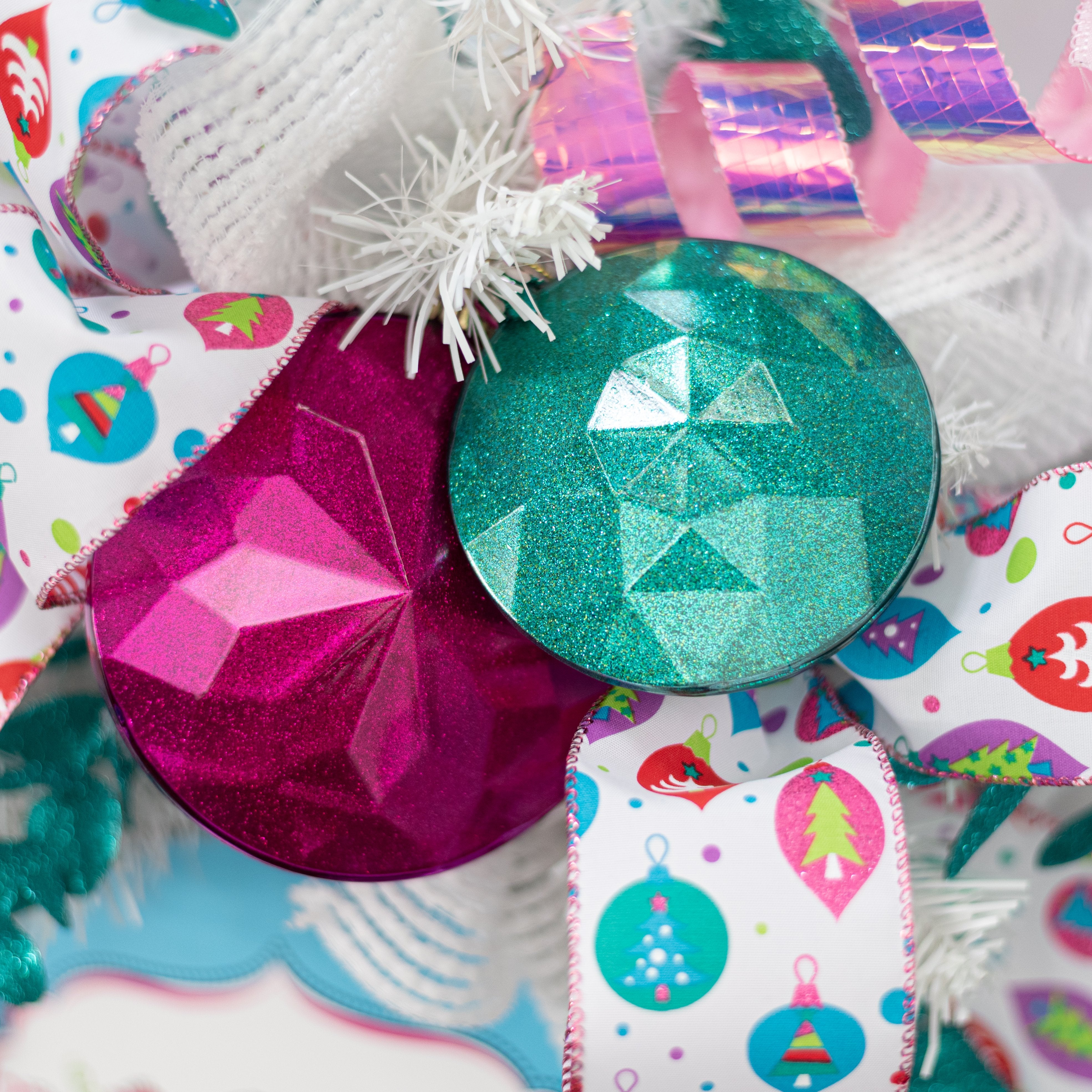 100mm Faceted Flat Round Gem Ornament: Glitter Inside Turquoise Teal Lifestyle Photo