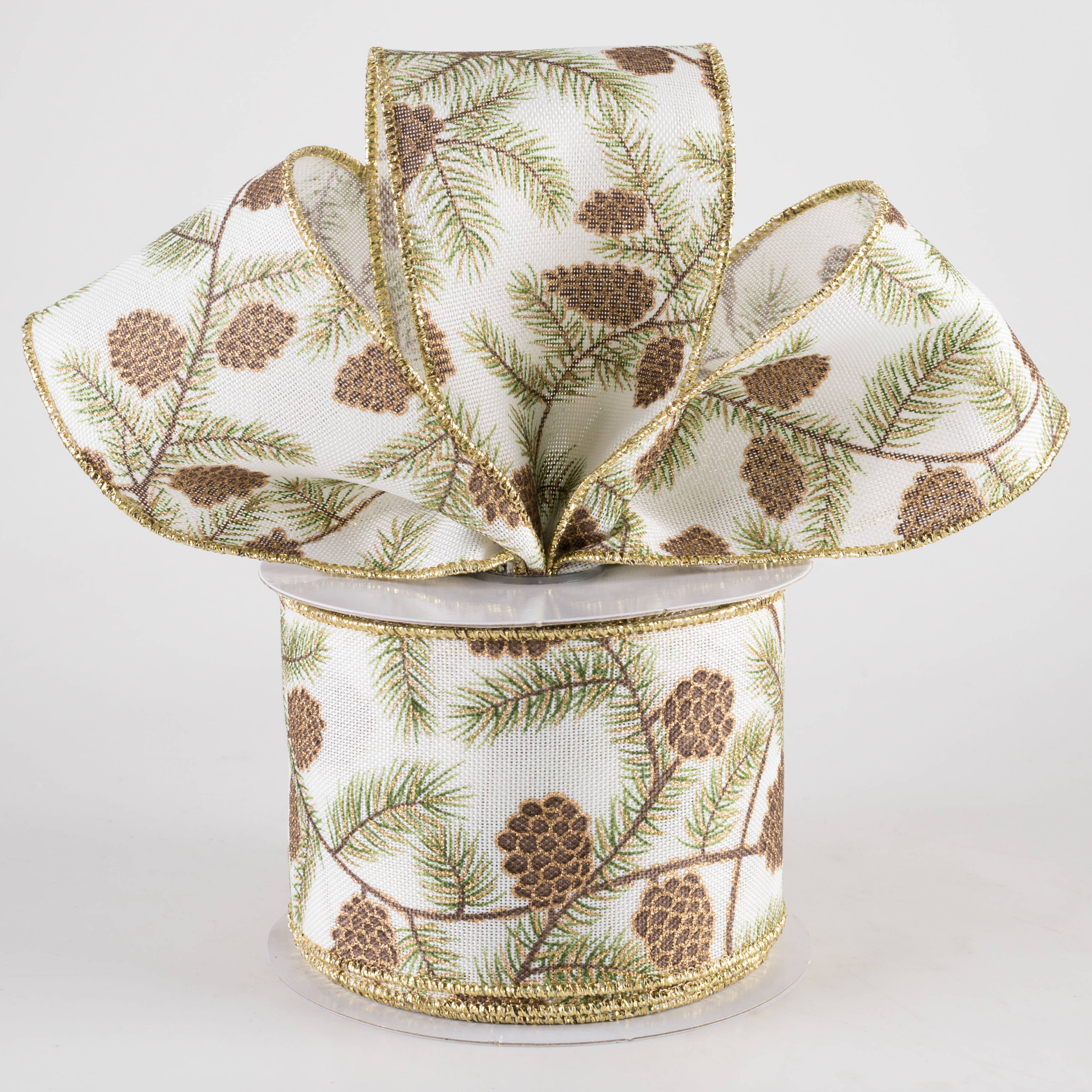 2.5" Pinecones & Branches Ribbon: Ivory (10 Yards)