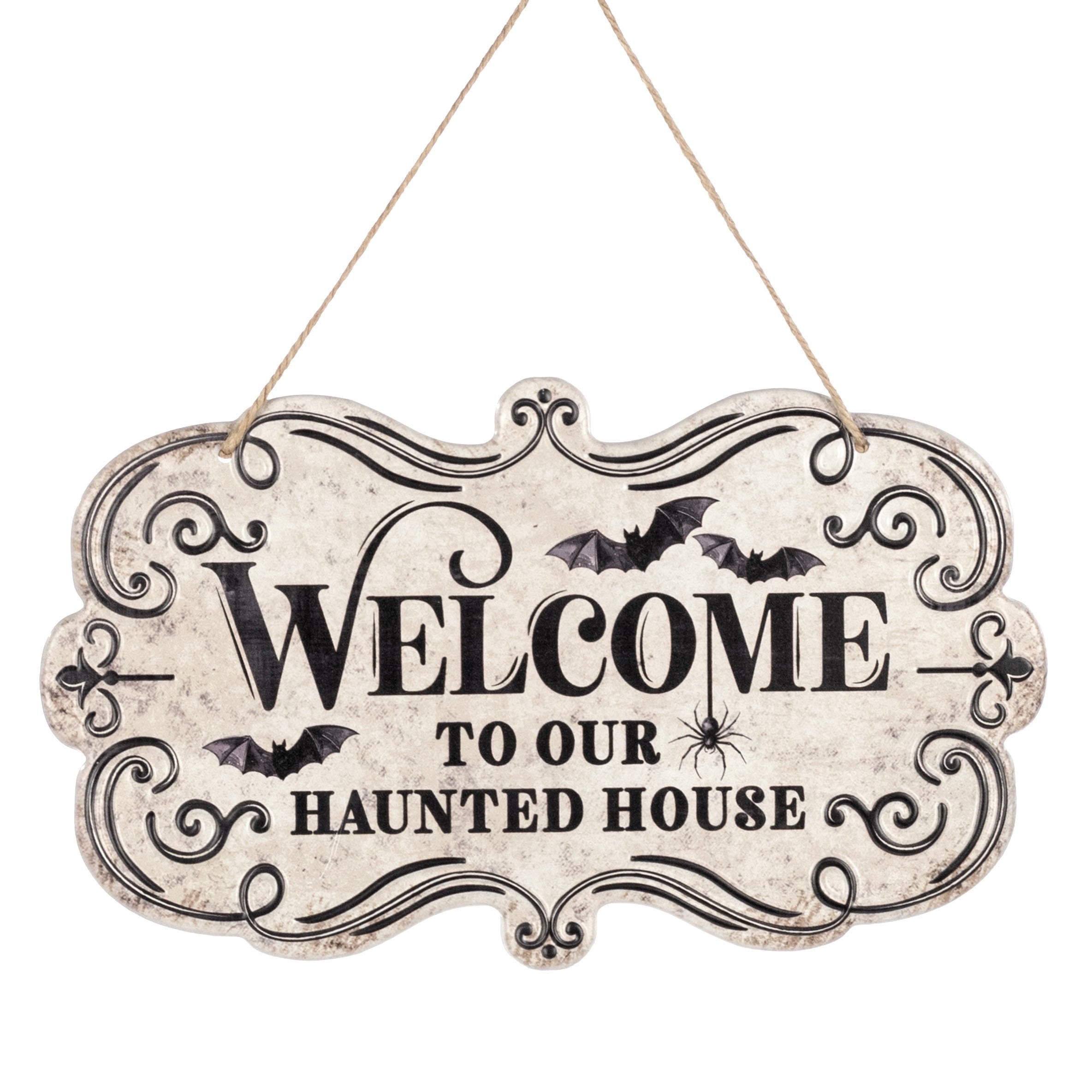 11.5" Metal Embossed Hanger: Welcome Haunted House Item Number: MD1787E1