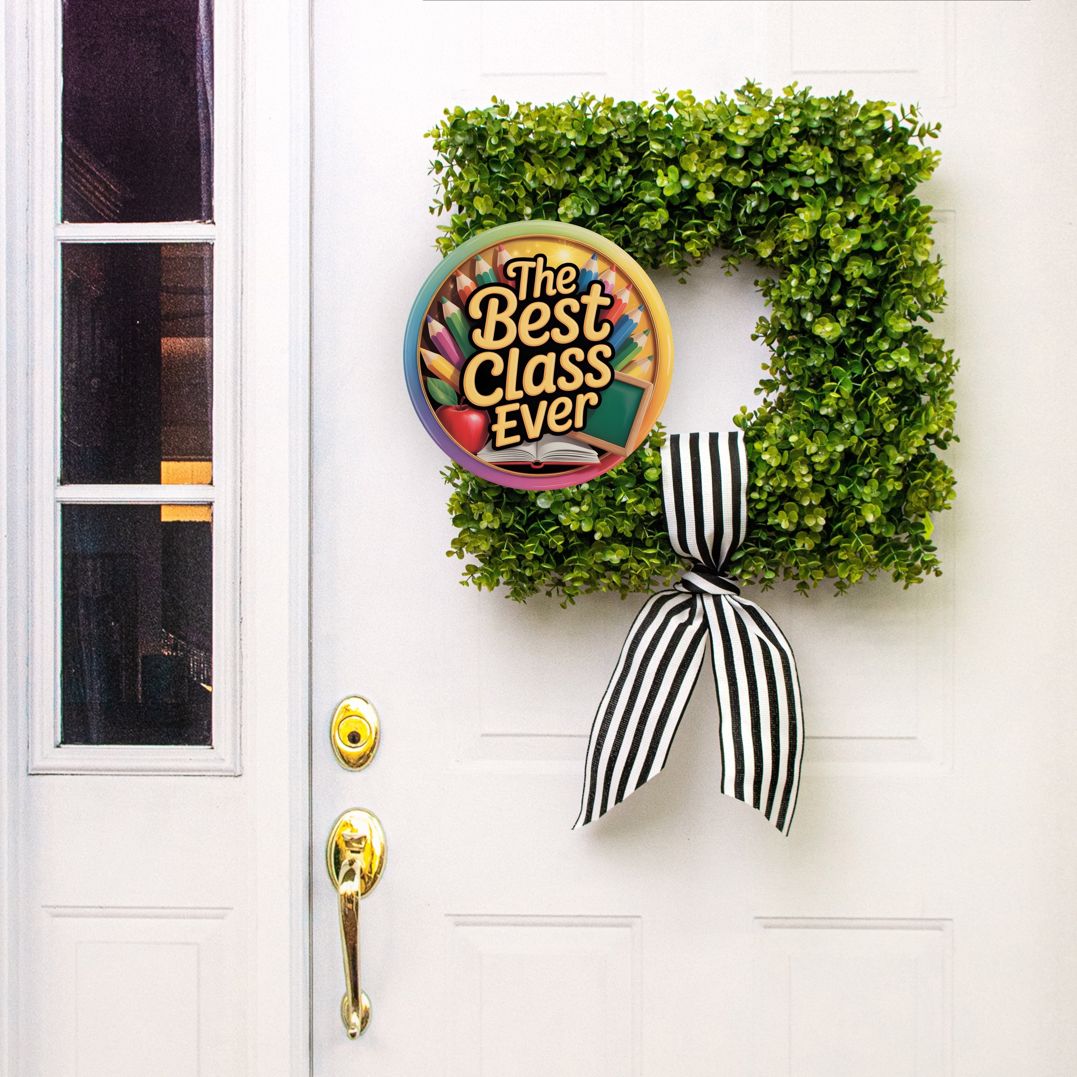 11.75" Round Waterproof Sign: Best Class Ever School Supplies Lifestyle Photo