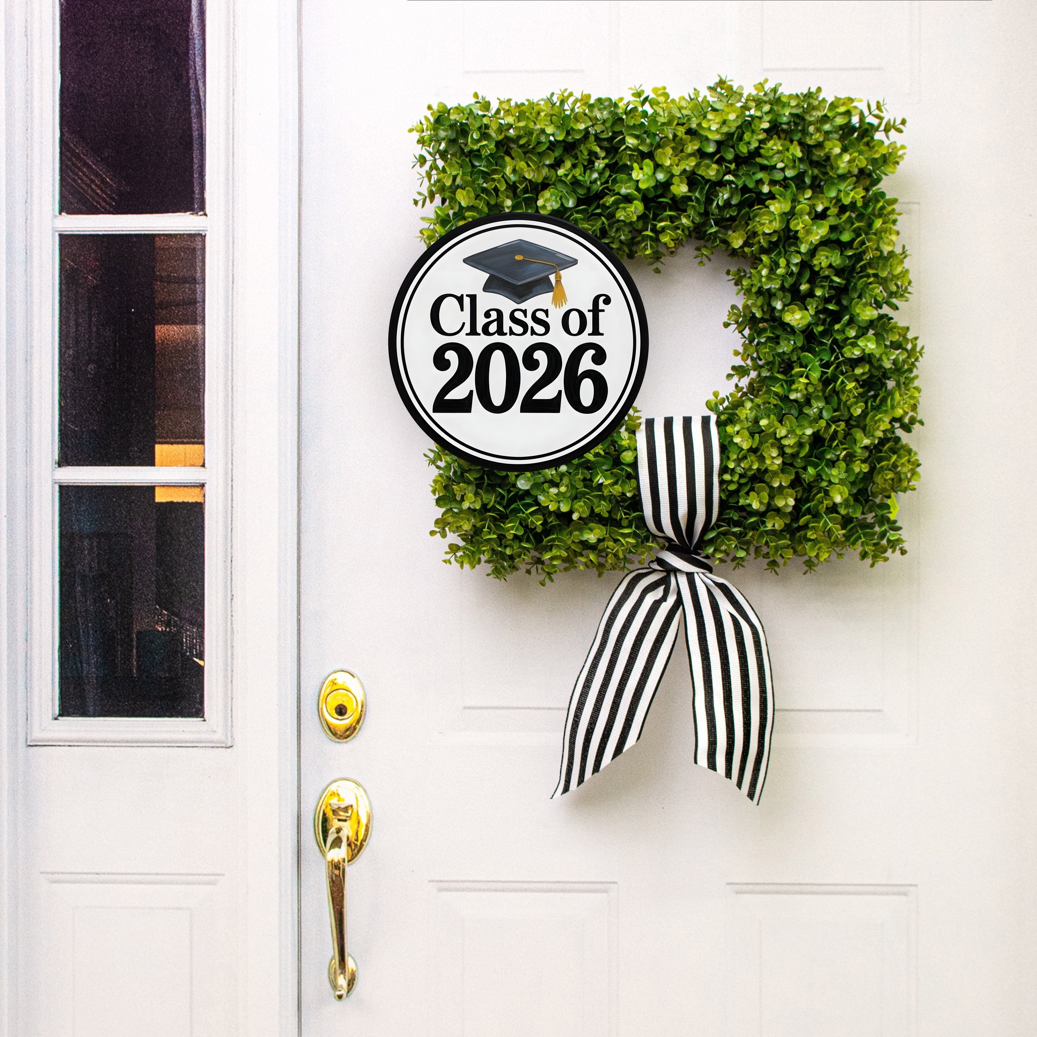 11.75" Round Waterproof Sign: Black & White Graduation 2026 Lifestyle Photo