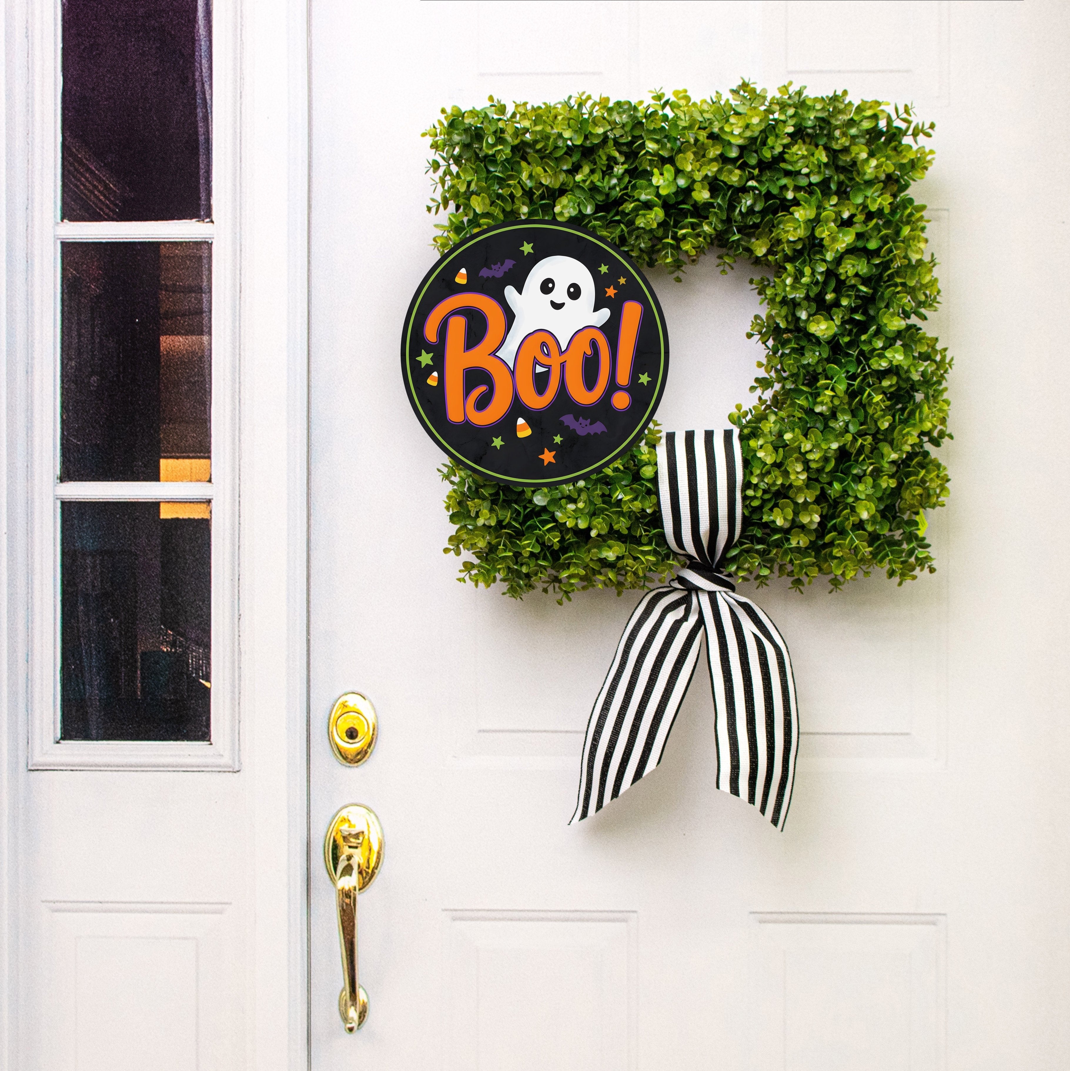 11.75" Round Waterproof Sign: Halloween Boo Smiling Ghost Lifestyle Photo