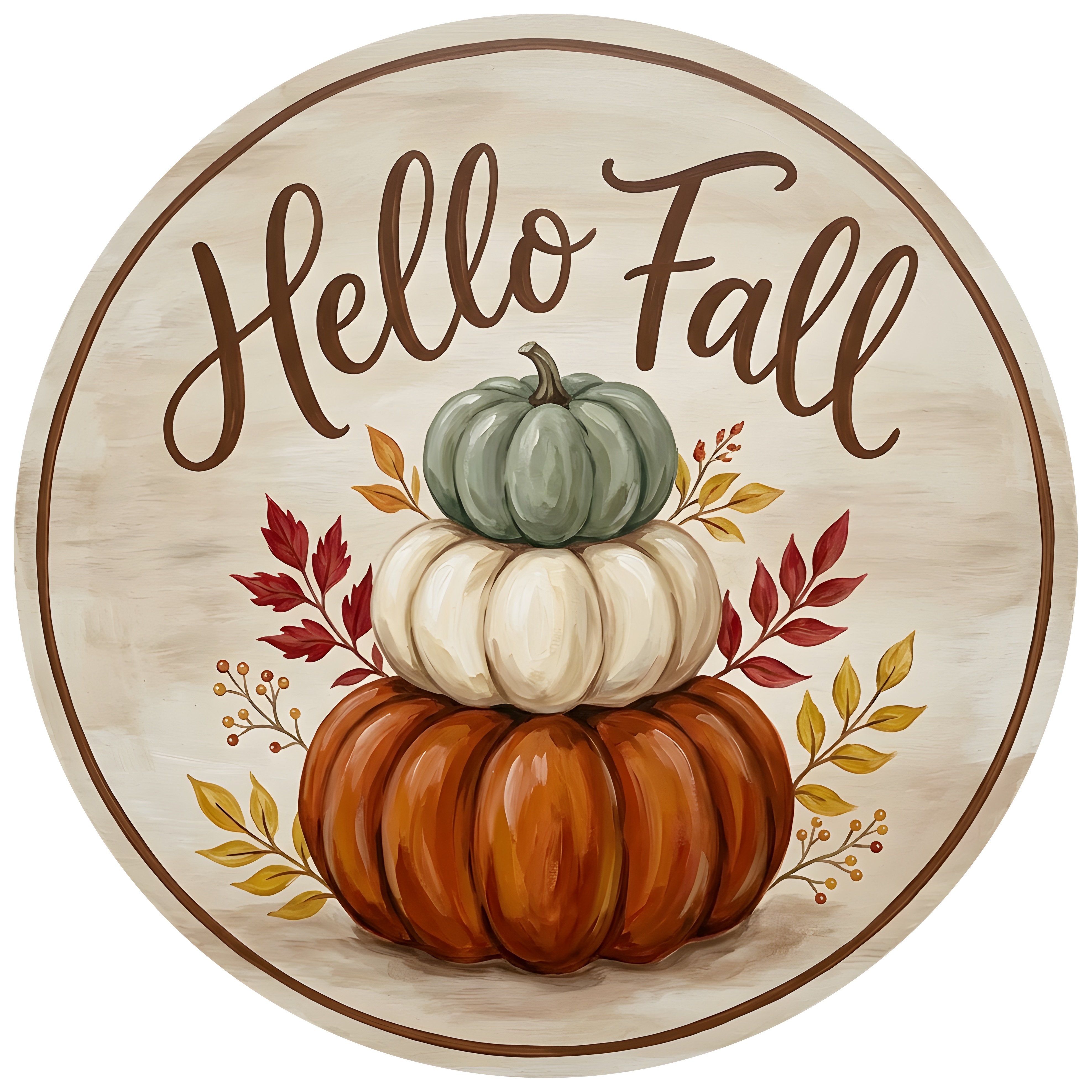 11.75" Round Waterproof Sign: Hello Fall Stacked Pumpkins Item Number: CD1413NH-118
