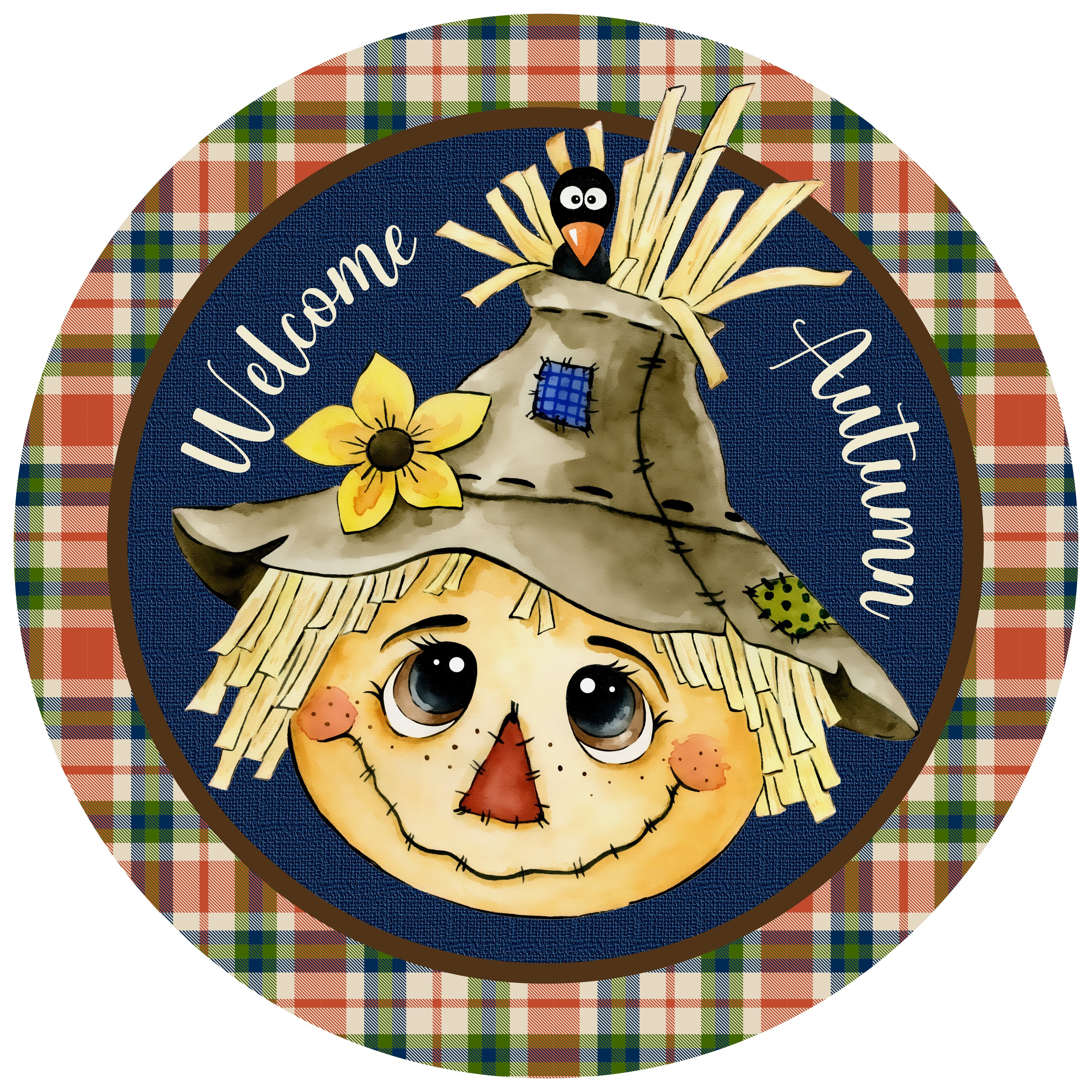 11.75" Round Waterproof Sign: Scarecrow Plaid Autumn Item Number: CD0962NH-118