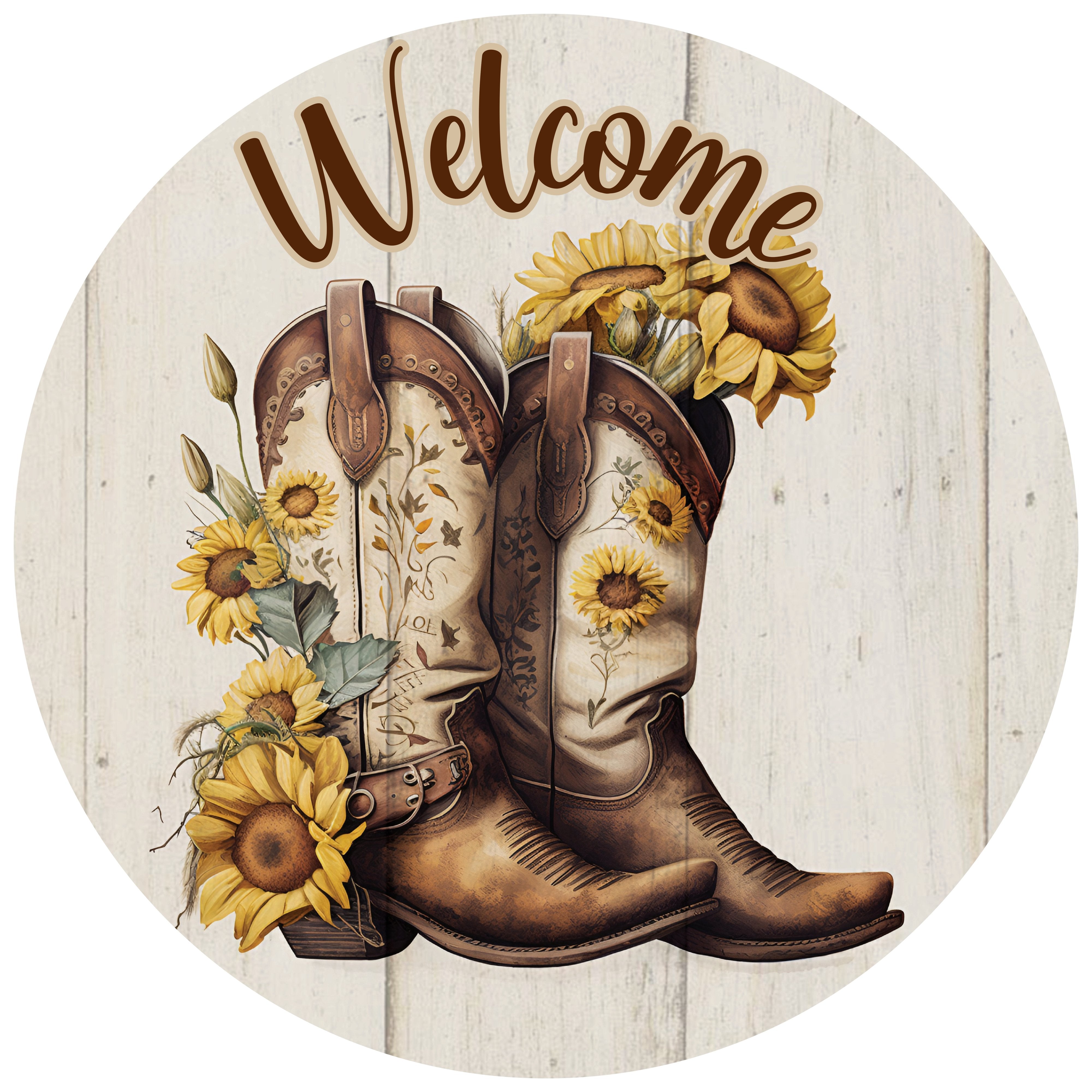 11.75" Round Waterproof Sign: Welcome Sunflower Cowboy Boots Item Number: CD1057NH-118