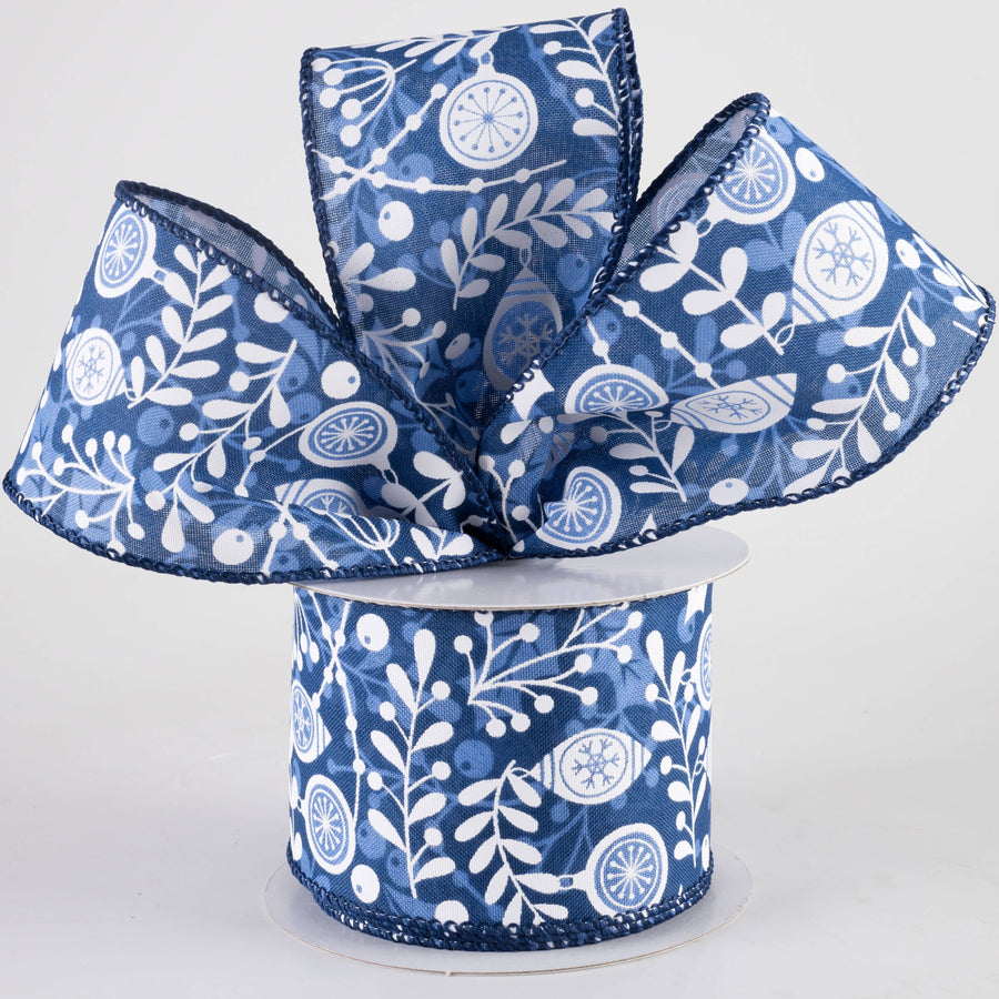 2.5" Overlay Leaves Ornaments Ribbon: Navy, Blue & White (10 Yards)