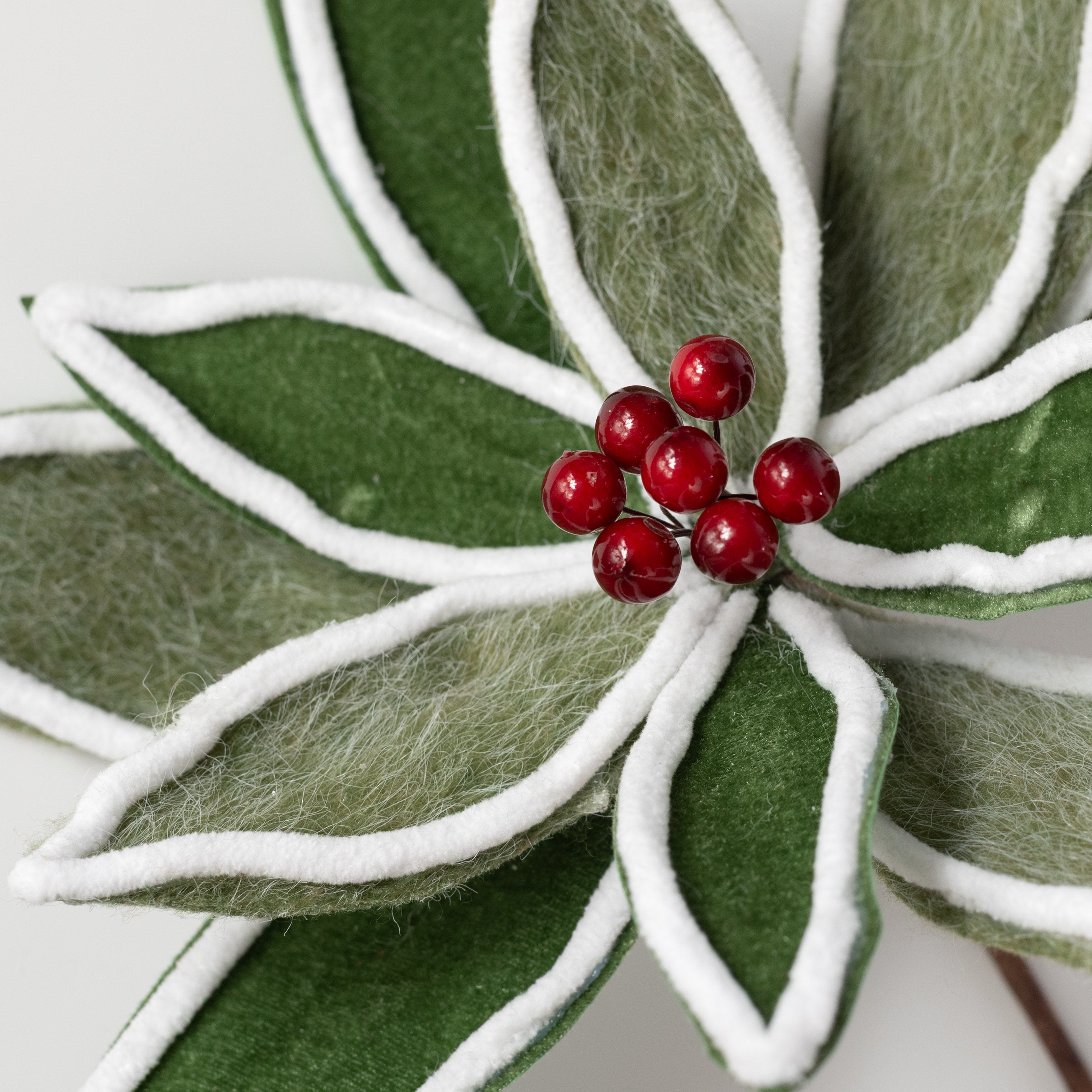 12" x 20" Wool & Velvet Poinsettia Stem: Green & White Lifestyle Photo