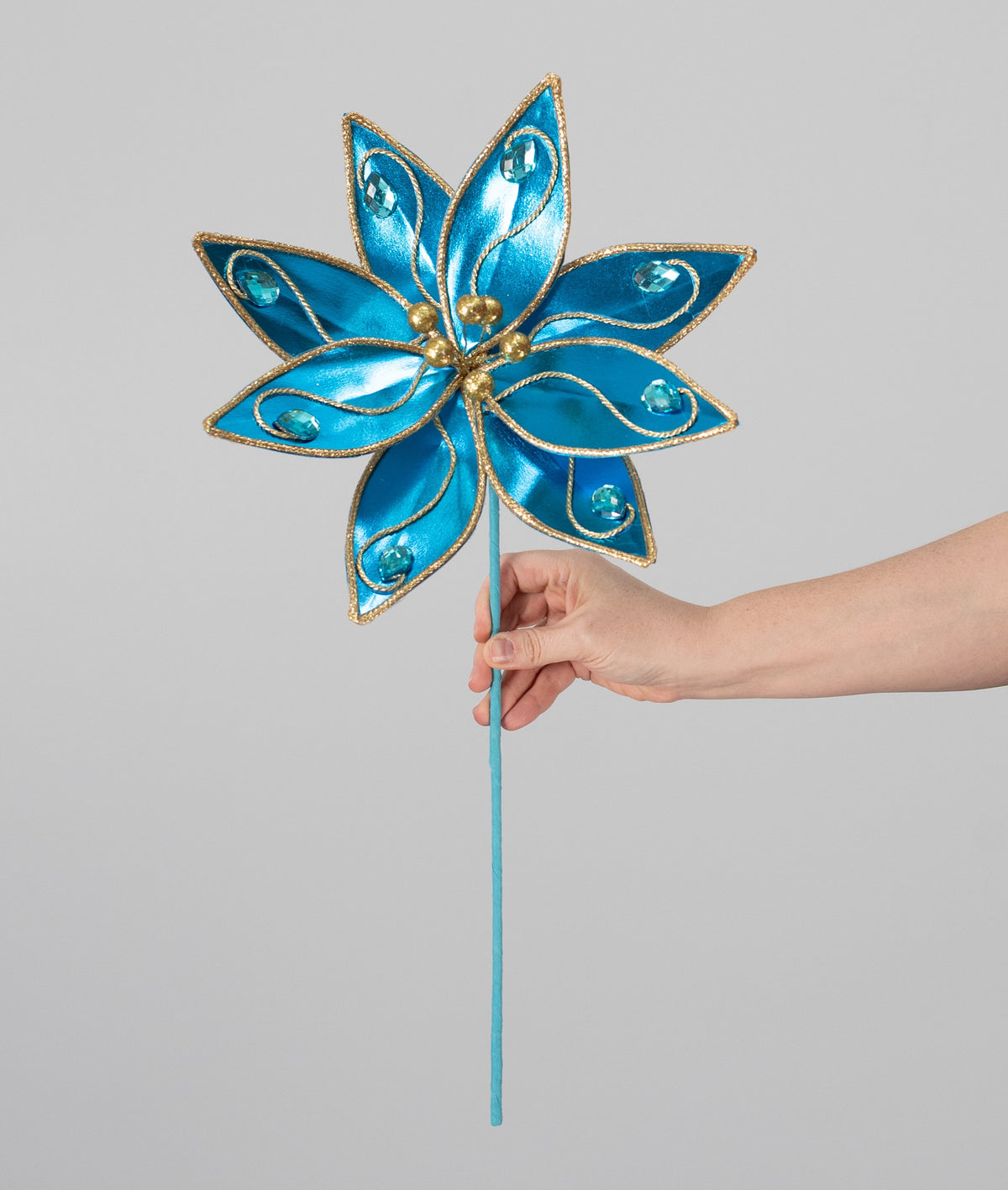 12" x 23" Metallic Gem Poinsettia Stem: Azure Blue detail photo 3