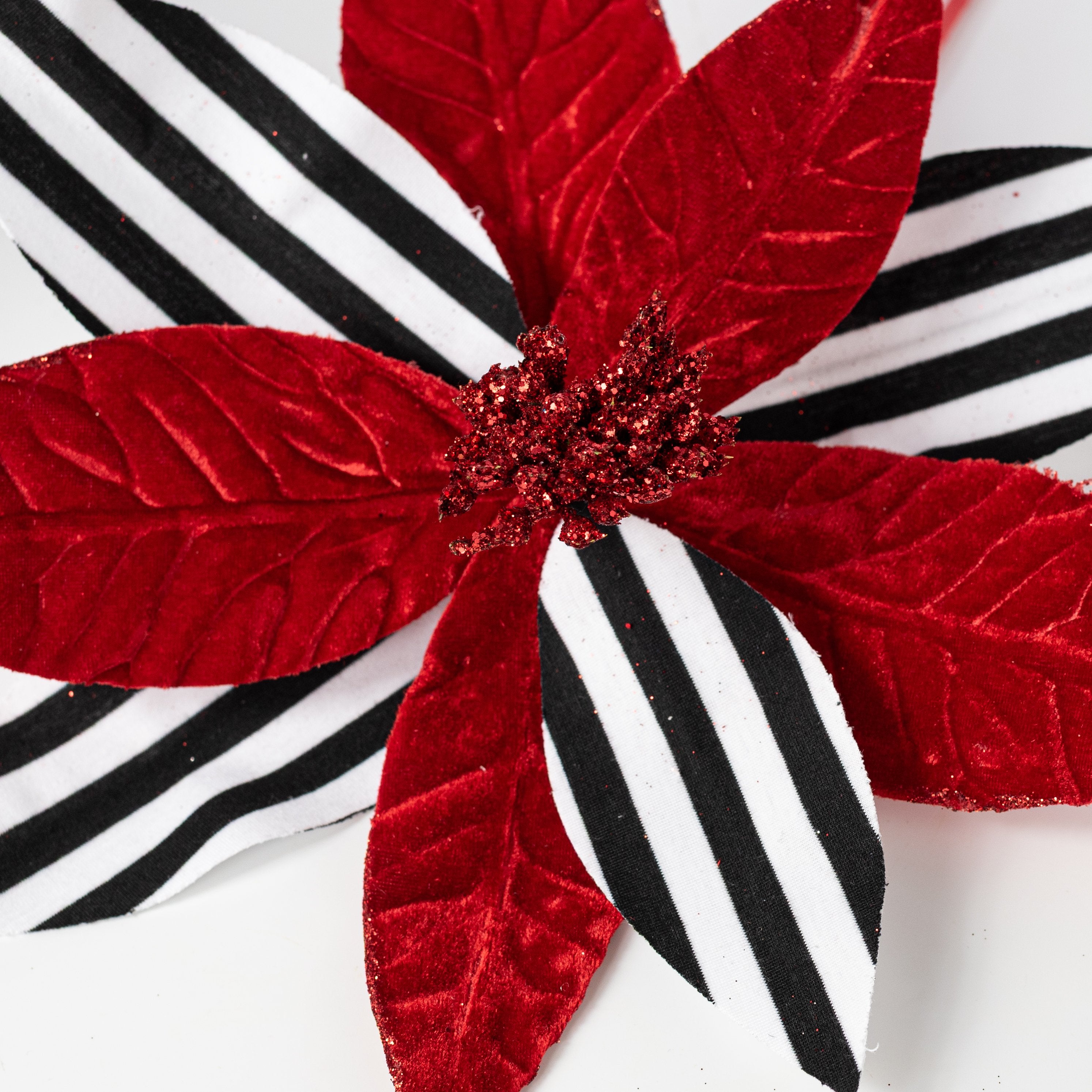 12" x 24" Embossed Velvet Stripe Poinsettia Stem: Red, Black & White Lifestyle Photo
