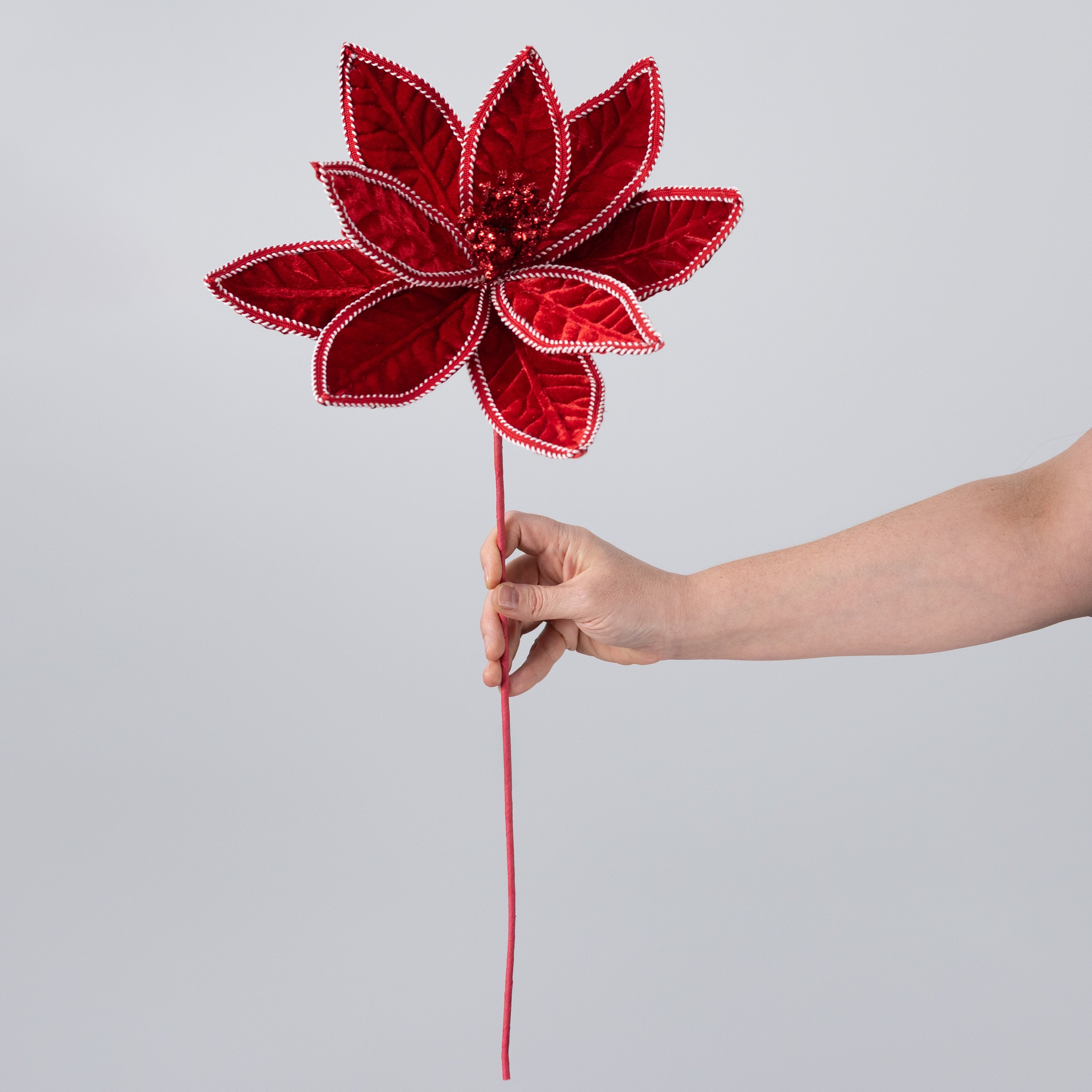 12" x 25" Velvet & Trim Poinsettia Stem: Red & White detail photo 3